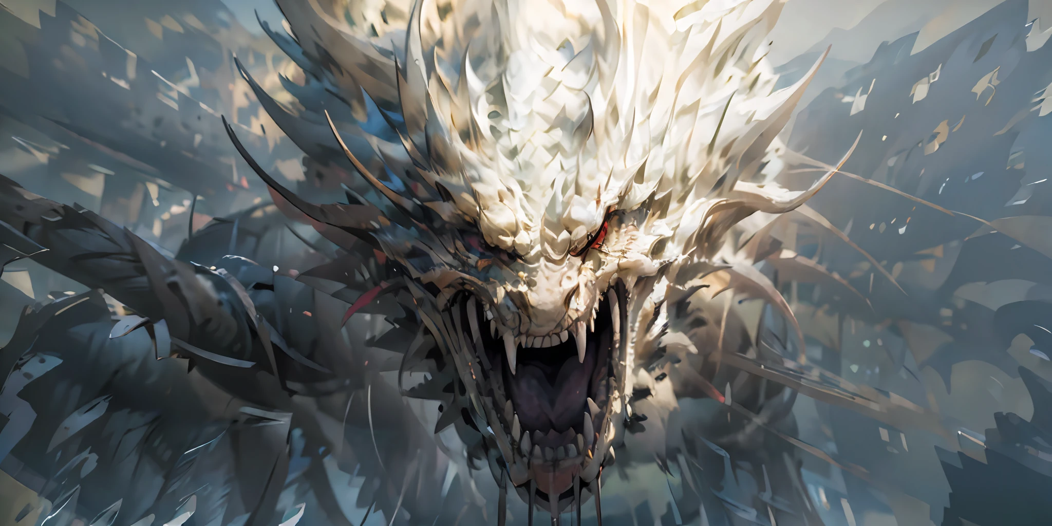 (masterpiece:1.3),(best quality:1.2),8k,absurdres,unity 8k wallpapper,(extremely detailed:1.3),highestres,solo focus, 1girl,looking at viewer,falling_into_mouth,dragon,depth of field,( from above:1.3),teeth,sharp theeth,spike,