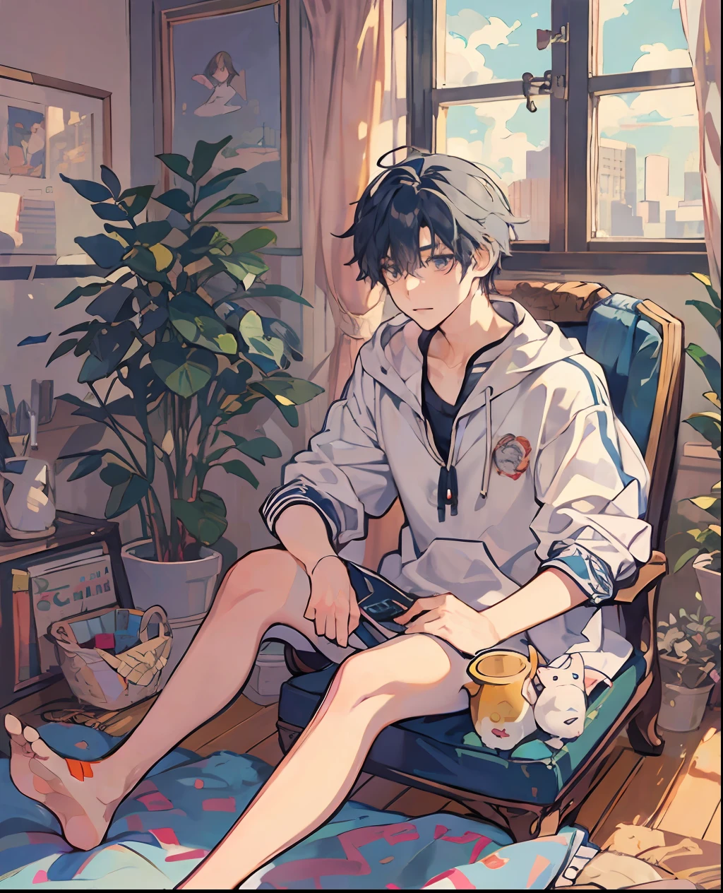 Anime guy sitting on a chair in his bedroom