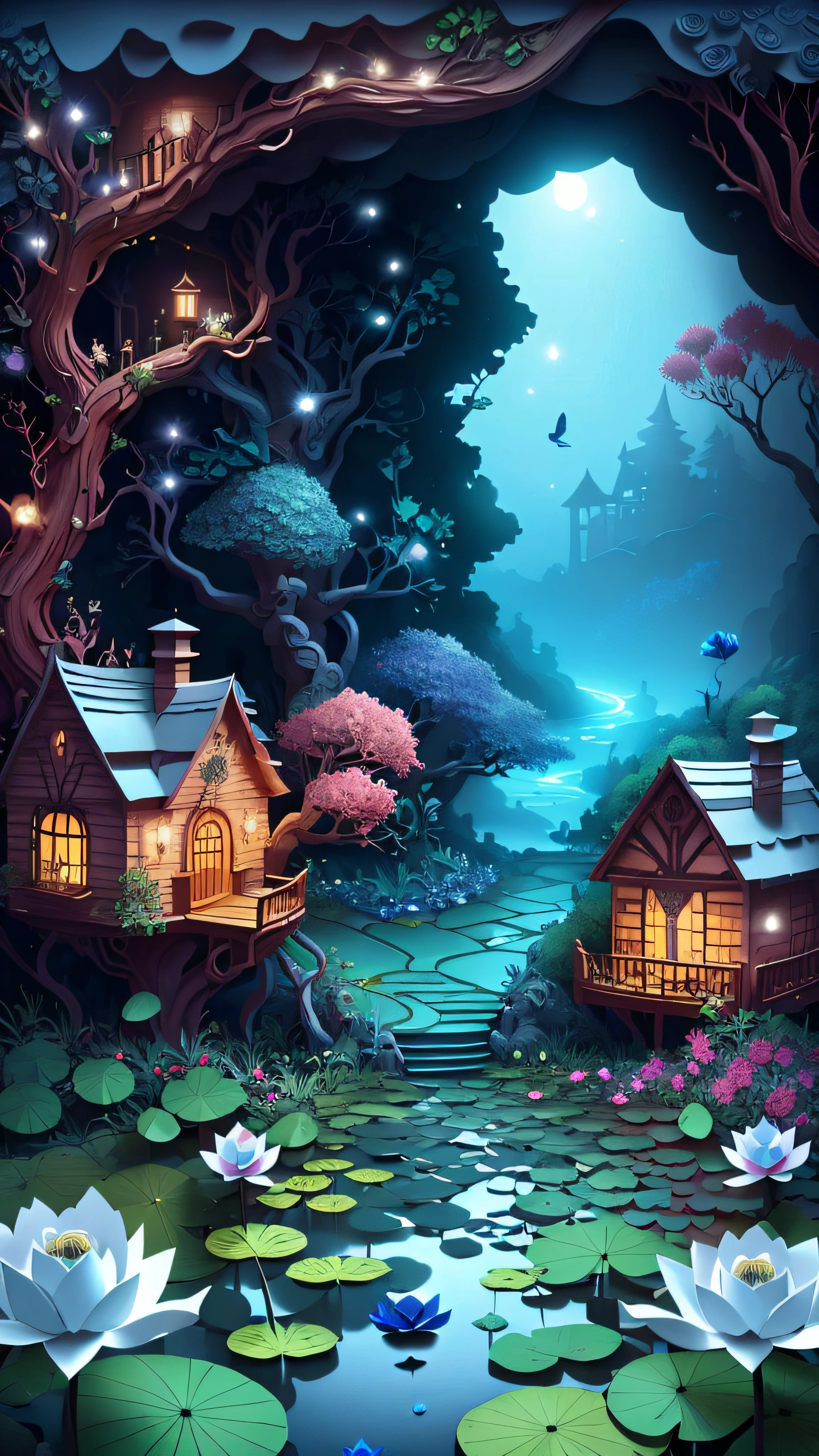 No Man，Secret garden, (Rose flower)，Strange tree house，stairways，A winding bluestone road，（waterfallr），（small stream），lotuses，water lilies，Rose bushes，Lush big breasts, Floral, Rose, butterflys，glowworm，a plant, romanticism lain, Moody, Skysky，Starcloud，nigh sky，As estrelas，rays of moonlight，
 ， Paper_cut