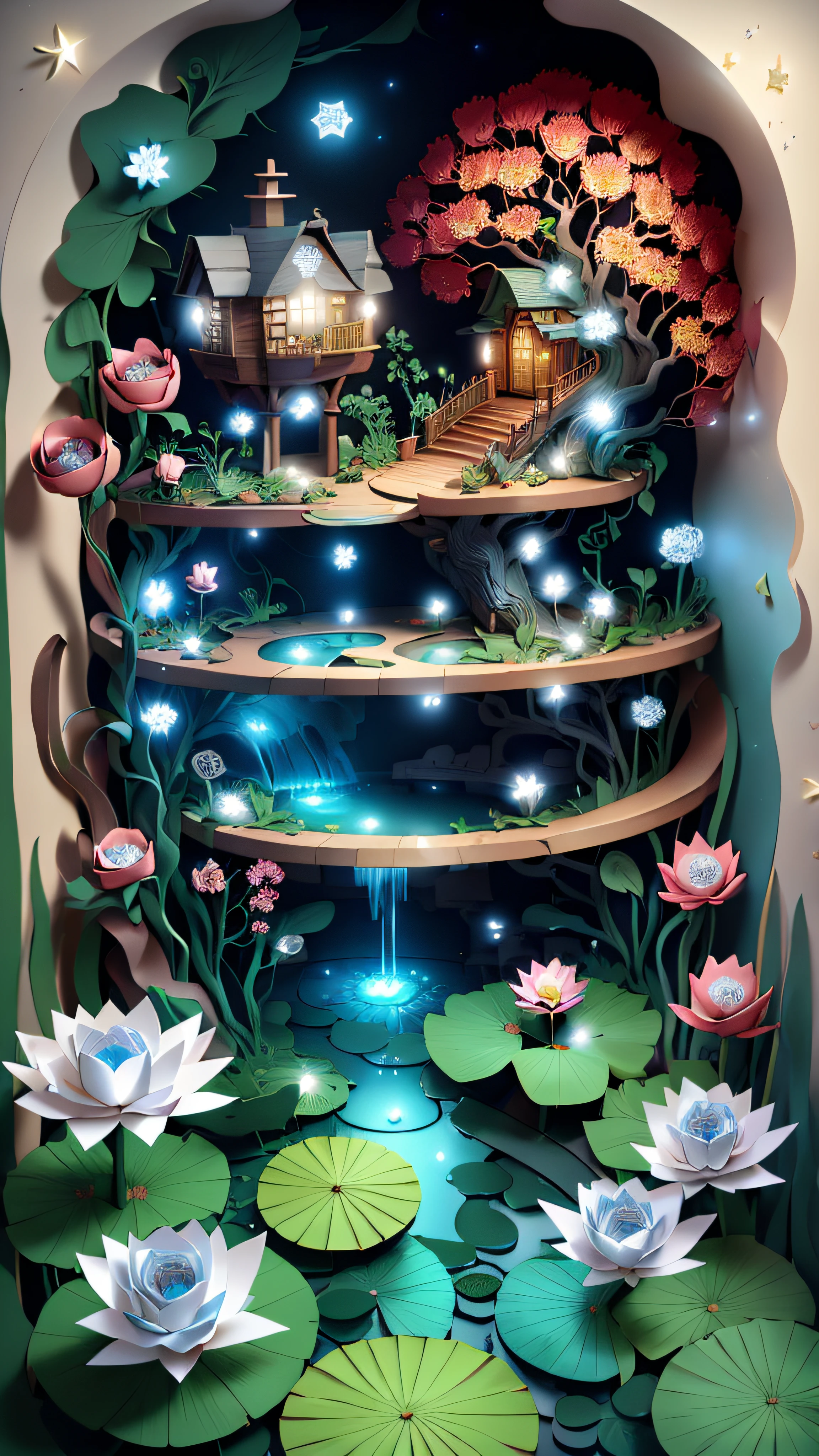 No Man，Secret garden, (Rose flower)，Strange tree house，stairways，A winding bluestone road，（waterfallr），（small stream），lotuses，water lilies，Rose bushes，Lush big breasts, Floral, Rose, butterflys，glowworm，a plant, romanticism lain, Moody, Skysky，Starcloud，nigh sky，As estrelas，rays of moonlight，
 ， Paper_cut