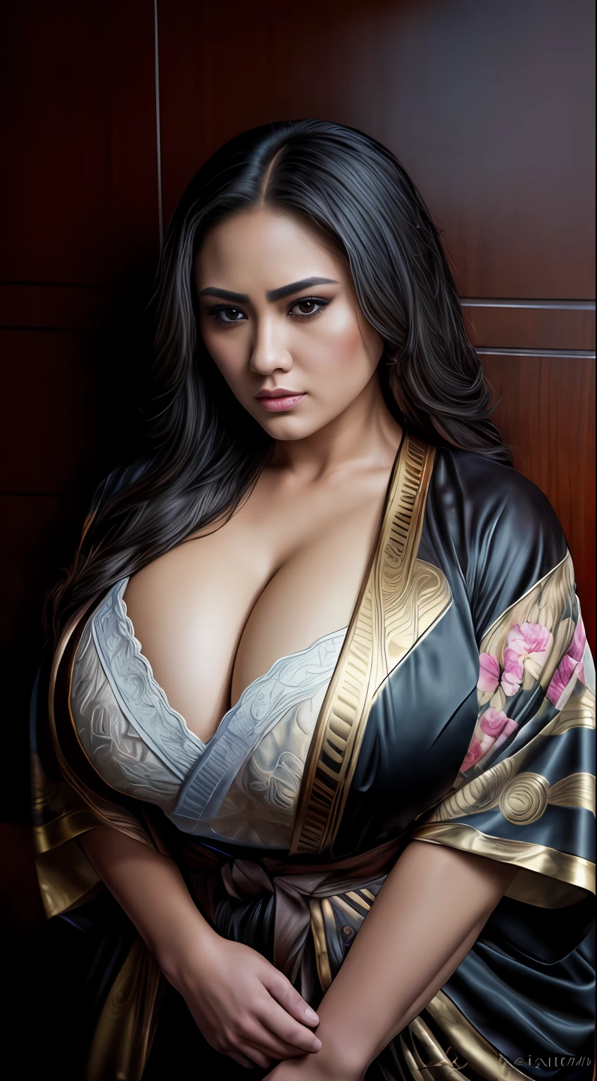 Hyperrealism detailed bio-fi genetic geisha transcendence belle Navigator, curvy, thick, voluptuous, apical kimono fashion, perfect face shading, aesthetics, light vanta black copper coating, blazing gold gloss, connecting glowing flowing hair, QR-Code Glyphs, radio active prismatic molecules, soft impressionist brush strokes, subtle sublime color, canvas texture, tight crop, muted colors, portrait painting, action pose, fill the whole picture, rich hyper details, vivid global light, 3D pristine 8K sleek, perfect inventor composition, realistic impressive shadow shading, WLOP, professional ominous concept art, an intricate, elegant, highly detailed digital painting, concept art, smooth, sharp focus, illustration, in the style of Jackson Pollock