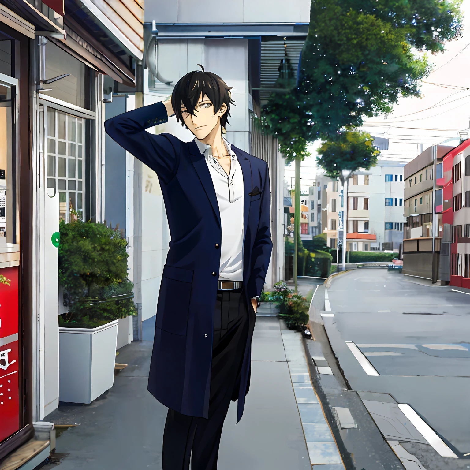 Anime boy standing in the street,and hold your head in your hands，Expression Pain is inspired by Tessei Tomioka's portraits, pixiv contest winner, shin hanga, Handsome anime pose, Anime portrait of a handsome man, young anime man, Anime handsome man, drawn in anime painter studio, Makoto Shinkai. A digital rendering, shigenori soejima illustration，