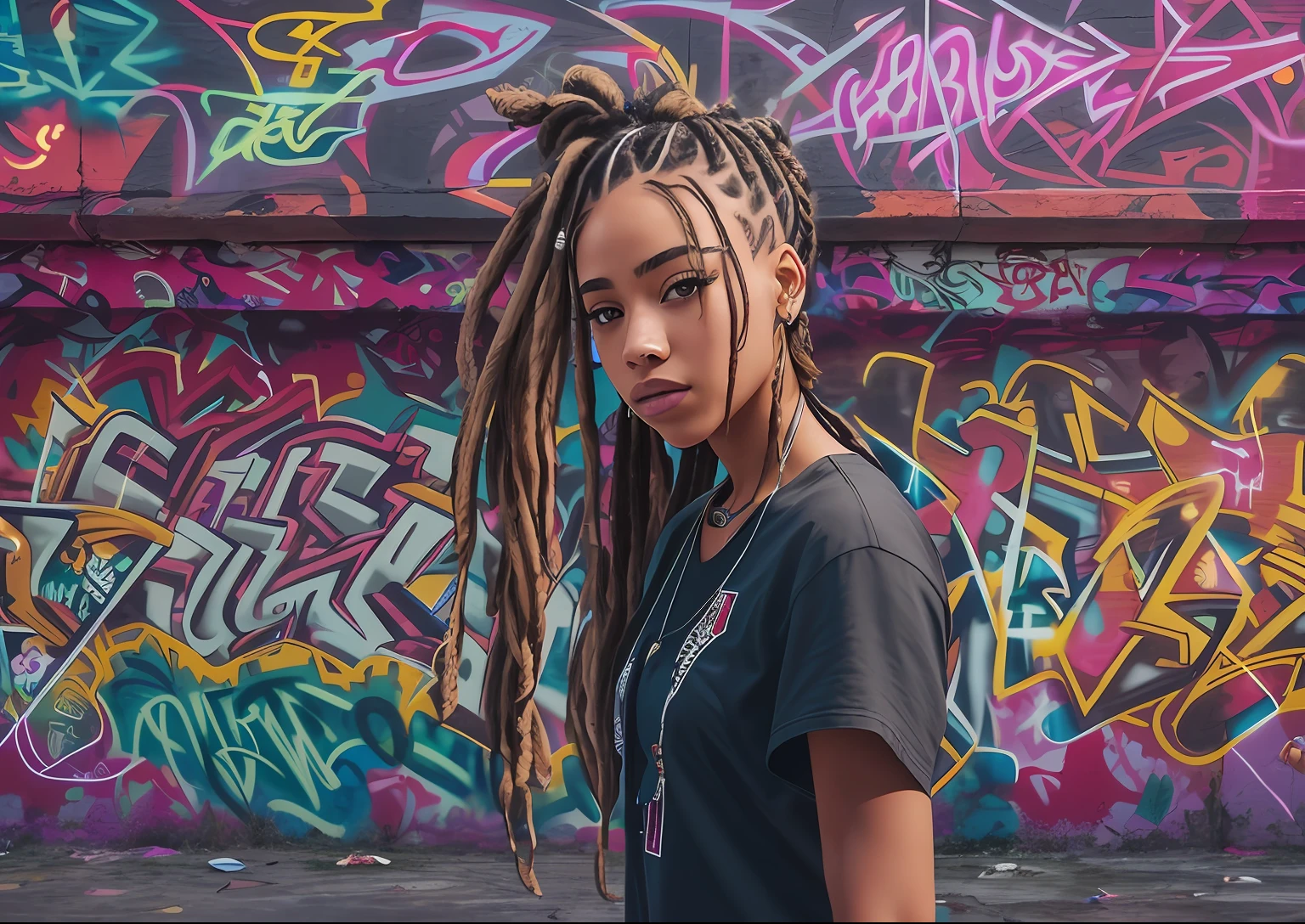 girl with braids, girl with dreadlocks, hip hop style, cypher dance, big city, graffiti wall on background, ultra realistic, UHD, 16k, natural lights, masterpiece-imagine
