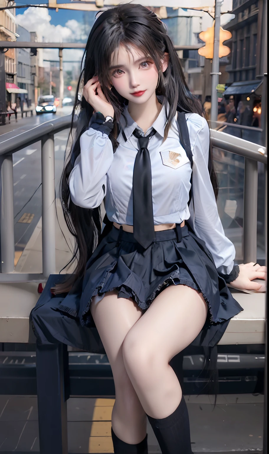 Girl, Master Works, High Resolution, Masterpiece, Single, Smile, City, Black Hair, Long Legs, Long Hair, Black Hair, Long Eyelashes, Big Eyes, White Shirt, High School Uniform, Uniform, Pink JK Plaid Skirt, Pleated Skirt, Black Calf Socks, Short Sleeves, Outdoor, School Uniform, Sky, Clouds, Tie, School Uniform, Black Tie, Facing Viewer, Front, Reclining, Hands Back, City View, Lipstick, Sky, Railing, Flowing Hair, Cloudy Sky, Lying Silkworm, Double Eyelids, Earthy Eye Shadow, Sequins at the Corners of the Eyes, Chu Chu is pitiful, tear stains, the ultimate purity, the legs are very thin, and the hands are delicate and accurate