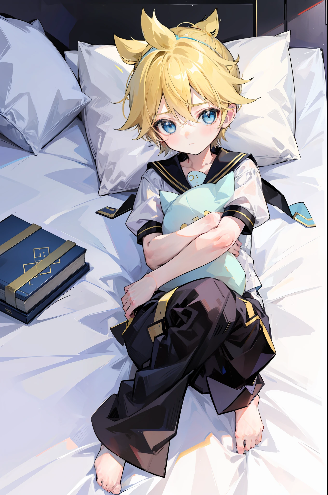 best quality, ultra precision, (one boy), (Len_Kagamine), cute, cool, blond hair, blue eyes, shota, handsome, cowlick, sailor uniform, black short pants, slender,  your cute boyfriend, innocent, boy model, boy is cute like a girl, on bed, lying on bed, lovely, boy adore you, boy love you, spoiled , character focus, hugging pillow, full body