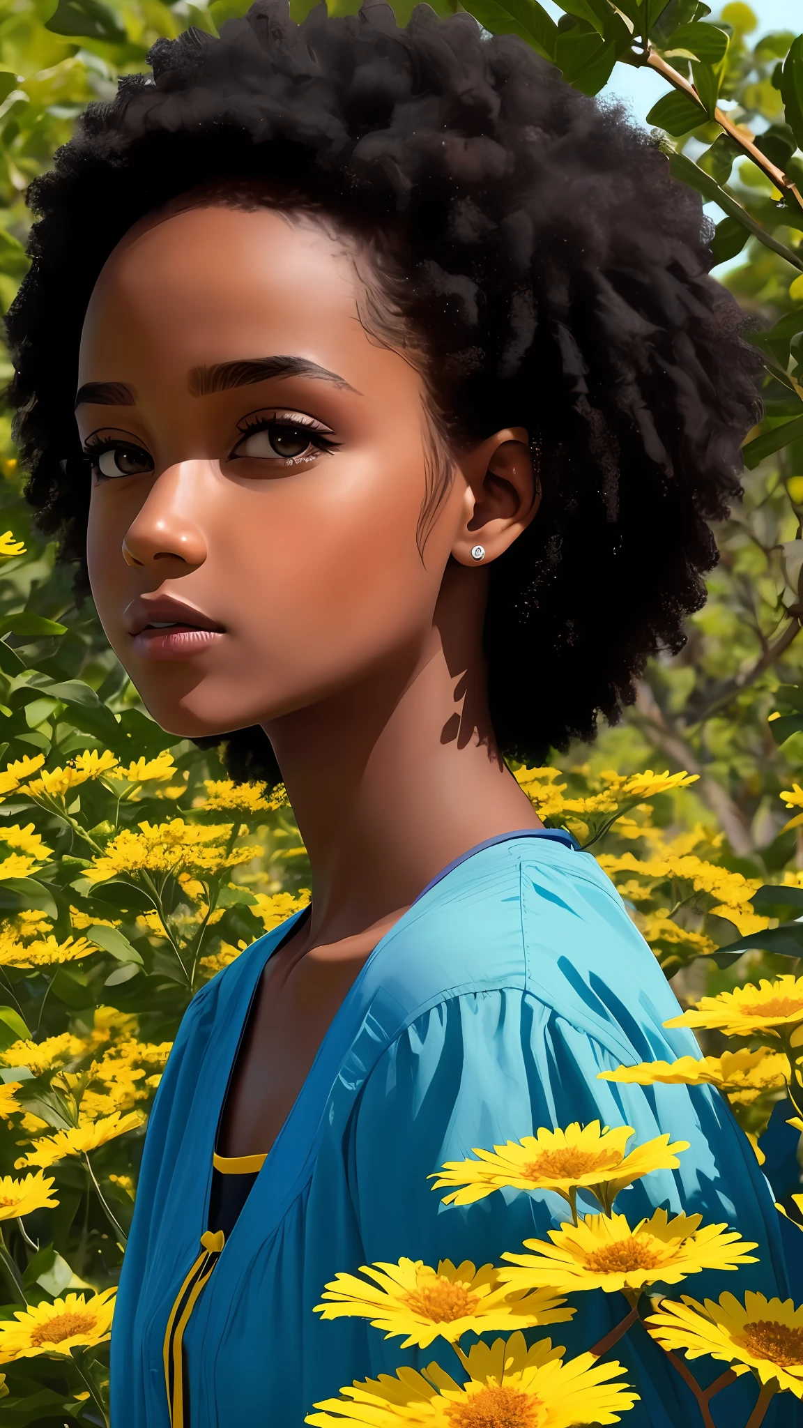a black child, com cabelos cacheados, vestido amarelo, deitada na beira de um algo azul olhando os peixes, grama verde, dia ensolarado, natureza, árvorez, nuvens, flores, Obra-prima, melhor qualidade, (papel de parede 8k de unidade CG muito detalhado) (melhor qualidade), (best illustration), (melhores sombras)