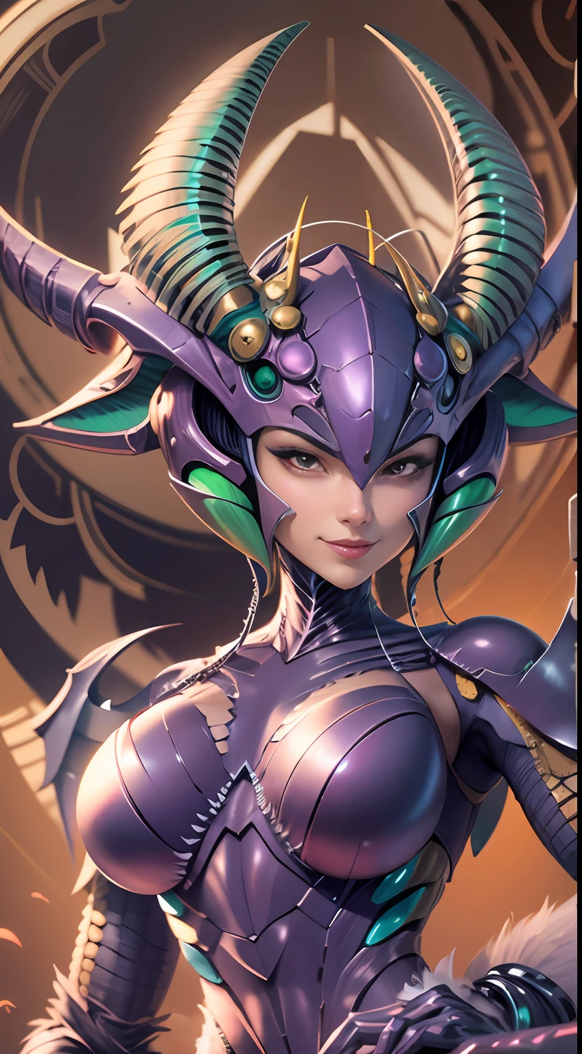 Cartoon photo of a woman in a fitted costume、Hot Mantis Humanoid Female、No trial、a person々takeout、Guyver Style、SFW version、Scarabeleploid、Cel Shade Adult Animation、Alien Queen、evil smile