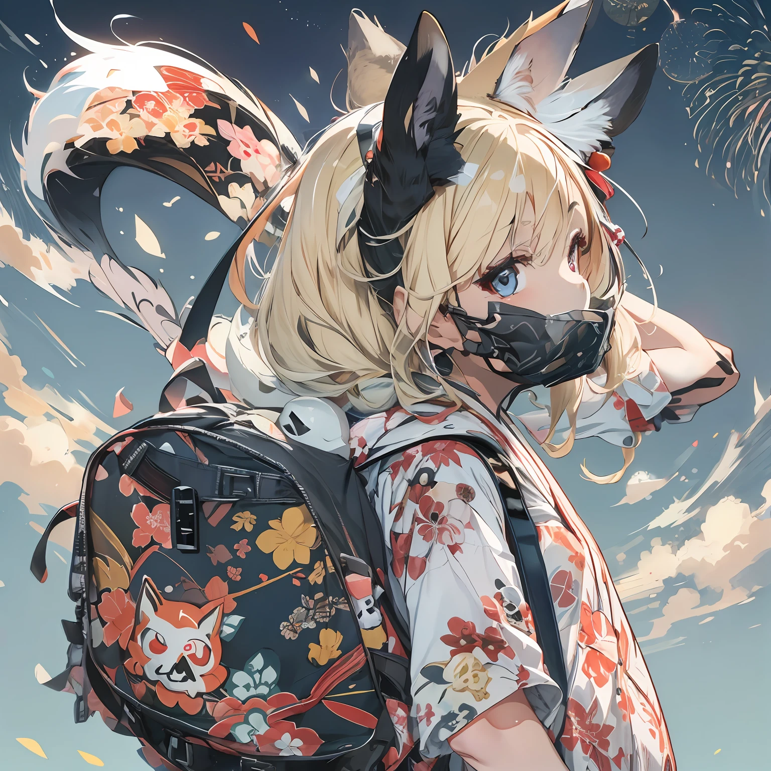 Fusion of fox mask and skull、Ukiyo-e style skull pattern、Hair flowing in the blast、Senju bill in the air、Mass fireworks display、sky at night、Summer Festivals、(Japan kimono printed with a skull pattern:1.5)、Thick eyebrows、Chest、(Huge backpack:1.5)、Beautiful blonde hair、Rabbit ears、(masterpiece)、((top-quality))、(ultra-detailliert)、(in 8K)、Full Body Anime Girl、Clean and detailed anime face、High Resolution Anime Eyes、Beautiful fingers、Five Fingers、nffsw(HighDynamicRange)、The perfect human structure、
