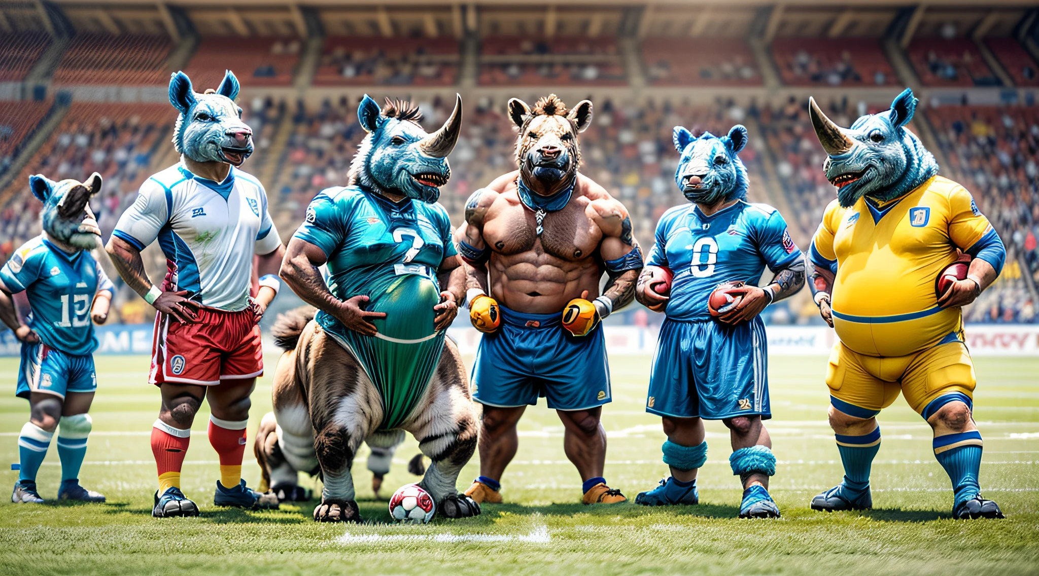 The football pitch transforms into a wild arena as animals, dressed in their team uniforms, converge for an exhilarating match. The blue team, represented by sturdy and powerful rhinoceroses, proudly holds the ball, poised for action.
