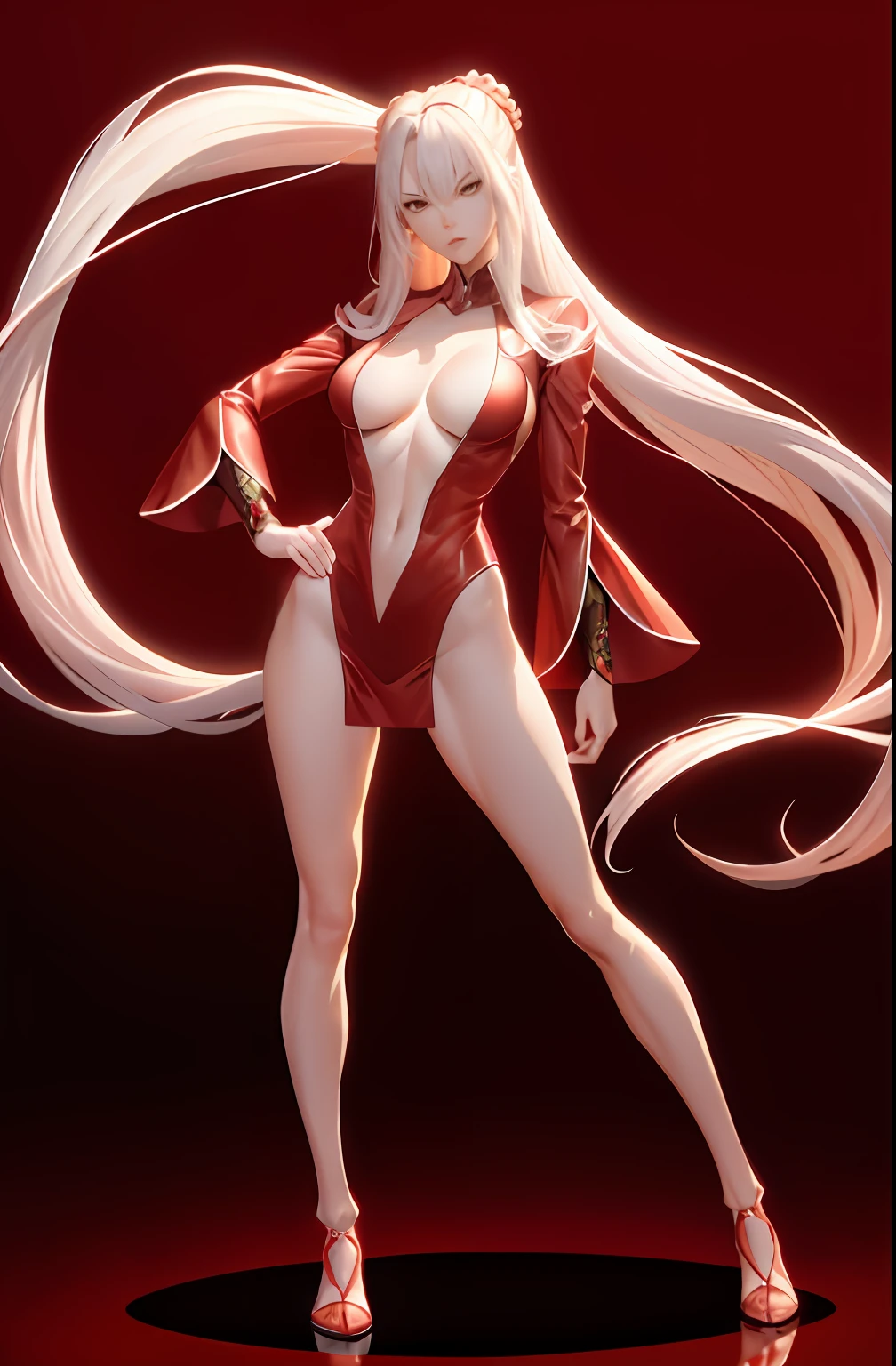 Master anime works,An impeccable masterpiece,8K picture quality: A mature noblewoman in cool sexy clothes standing on solid red background,Female boss,Flowing silver hair,Full-body standing,Slender legs,Straight breasts,Detailed facial details,Naturally beautiful standing,Vivid and authentic body details