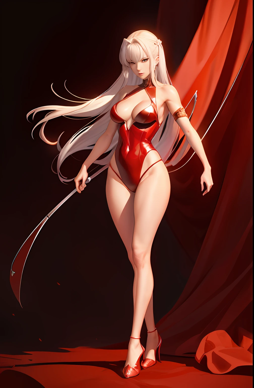 Master anime works,An impeccable masterpiece,8K picture quality: A mature noblewoman in cool sexy clothes standing on solid red background,Female boss,Flowing silver hair,Full-body standing,Slender legs,Straight breasts,Detailed facial details,Naturally beautiful standing,Vivid and authentic body details