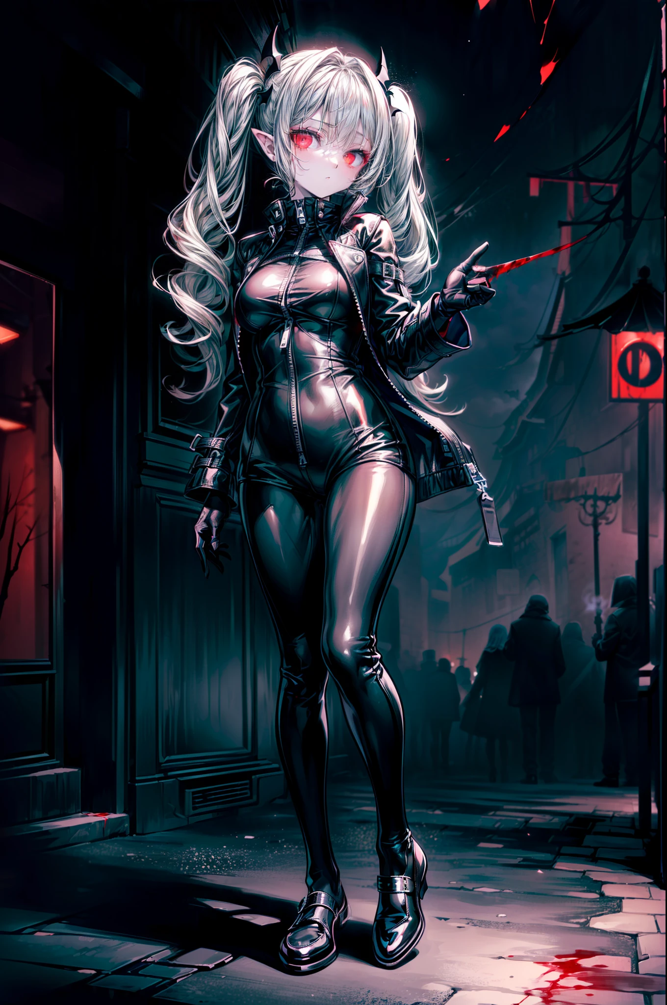{{masterpiece, best quality, extremely detailed CG, unity 8k wallpaper,anatomically correct,ultra resolution}},Award-winning photography,(best illumination,Very Delicate and Beautiful),{one girl,solo,loli:1.5},Vampire,silver hair,(twintails:1.2),glowing red eyes,pale skin,(extremely beautiful and detailed face:1.2), (extremely beautiful and detailed eyes:1.2),perfect hands,delicate legs,((bat hair ornament)),(epic,fashion),pointy ears,((black leather long coat:1.5,black leather catsuit with zipper,black leather shoes,black leather gloves,popped collar:1.3)),looking at viewer,outstretched hand,(point at viewer:1.4),dark persona,evil,(cute:1.5),((night, dark atmosphere, dark theme, darkness:1.5)),dramatic shadows,(dimly lit:1.5),blood on face,blood on floor, blood on walls,(blood mist,blood splash:1.4),depth of field,(Bustling city:1.2,in the street:1.2),{perfect human body structure with maximum precision}