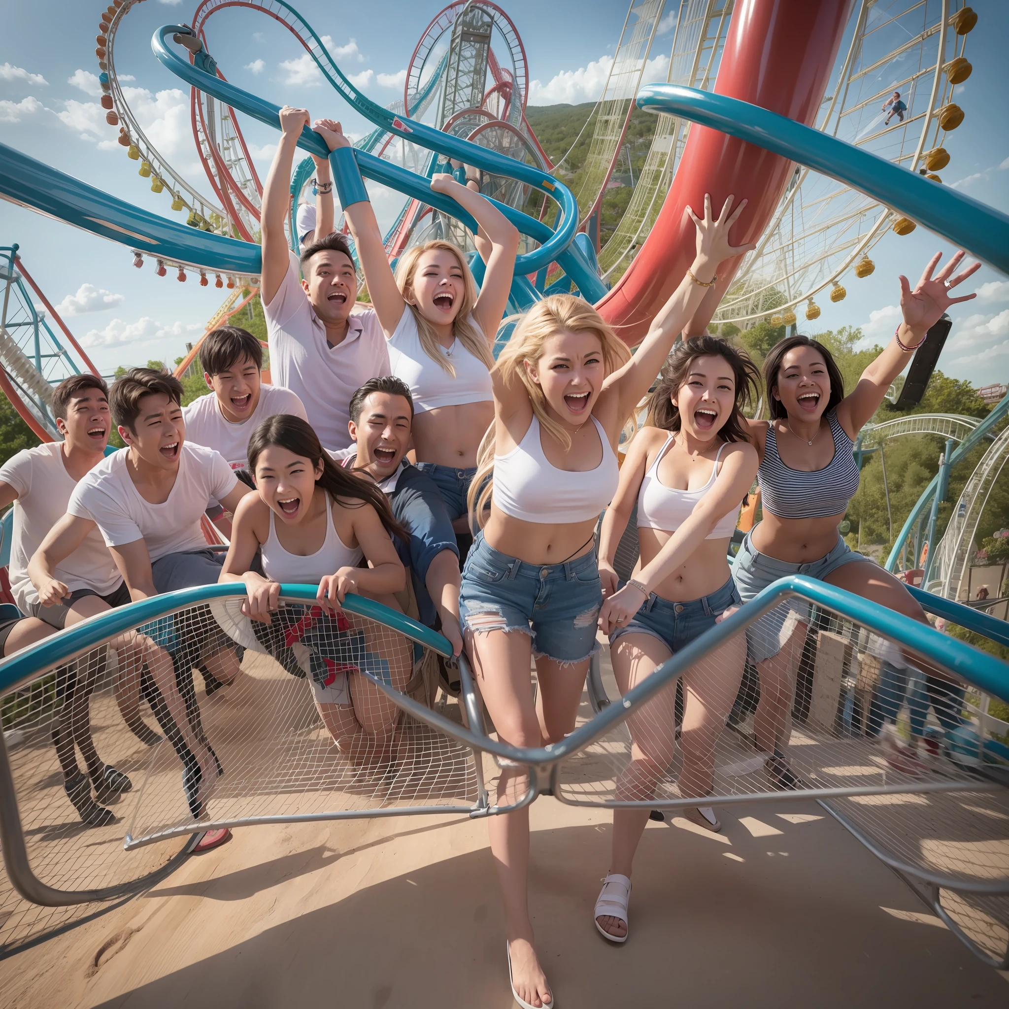 A dozen friends play roller coaster at a large amusement park