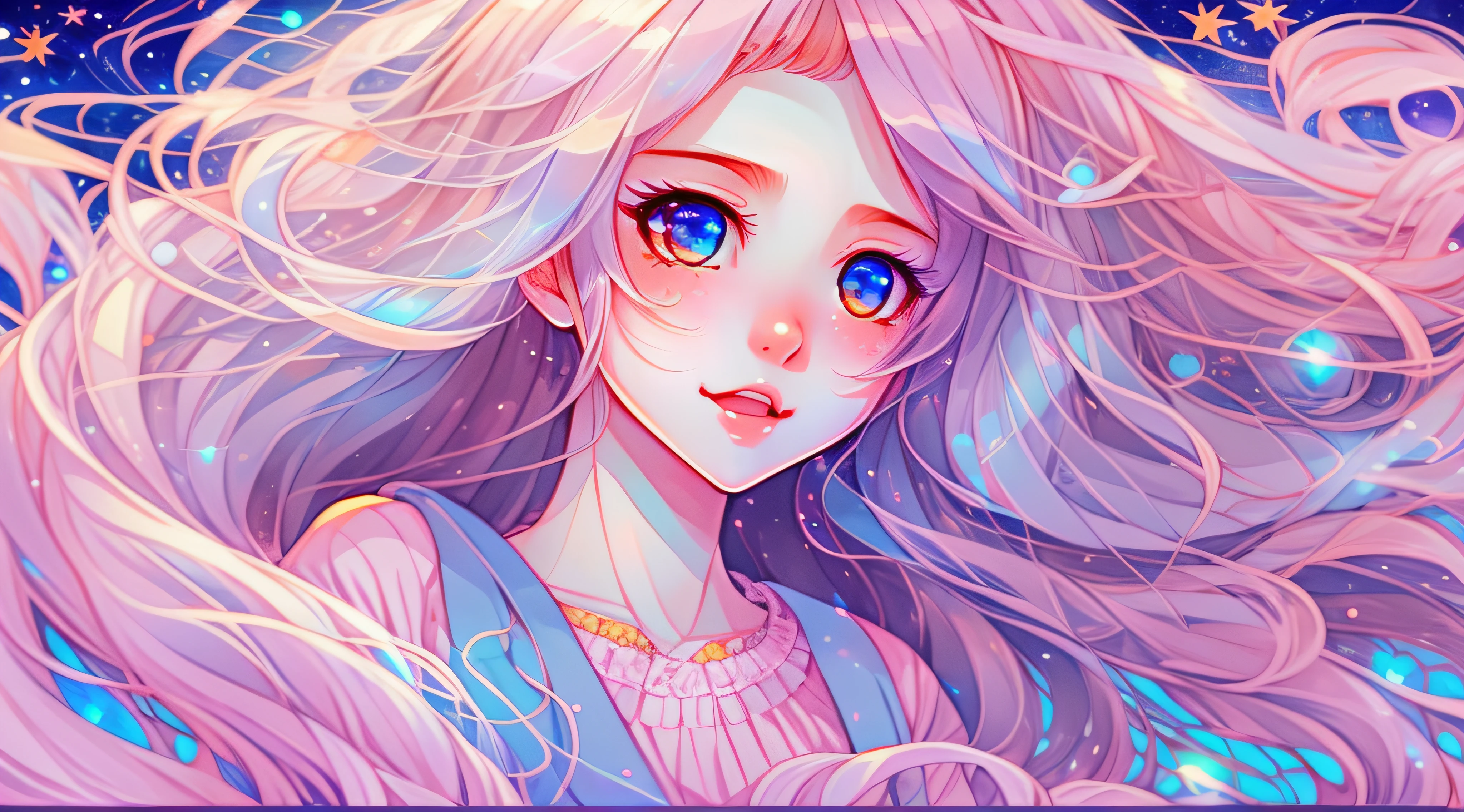 Anime chick with long hair and blue eyes in waves, anime girl with cosmic hair, Digital art on Pixiv, A beautiful artwork illustration, Cute detailed digital art, Beautiful anime artwork, Anime fantasy illustration, Detailed digital anime art, Soft anime illustration, pixiv contest winner, Loish et WLOP, Beautiful anime art, beautiful anime art style