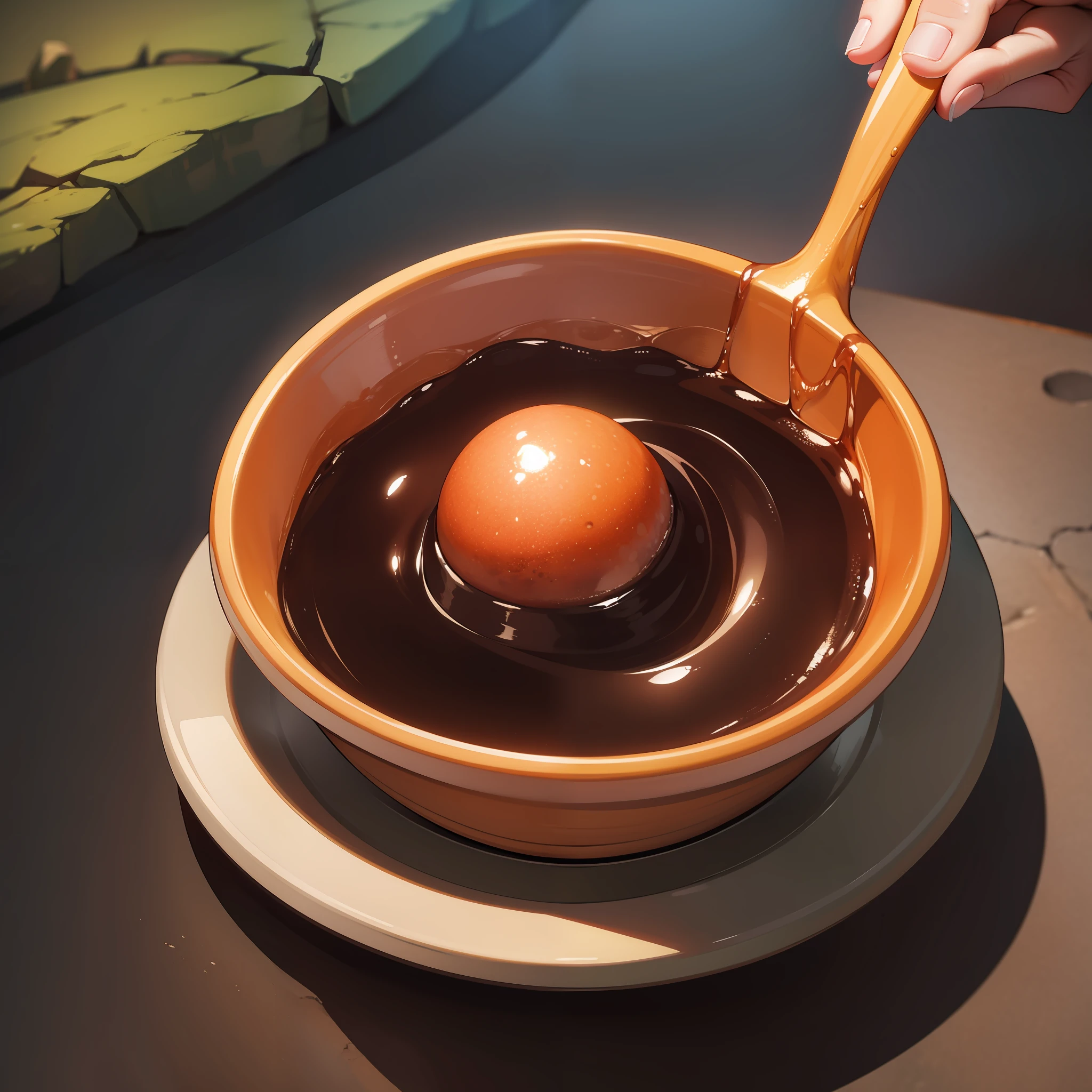 Bowl with liquid inside, lizard hand holding it, lava.