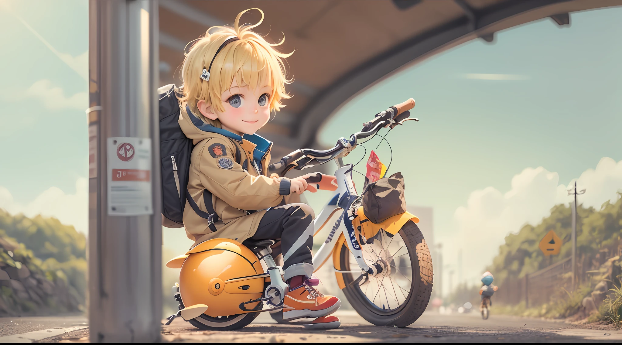 chibinaruto, 1boy, blonde hair, male focus, ground vehicle, solo, bicycle, smile, outdoors, male child, bag, looking at viewer, backpack, sky, day, whisker markings, road, jacket, blurry, brown eyes, orange jacket, child, long sleeves, hoodie, shorts, hood, full body