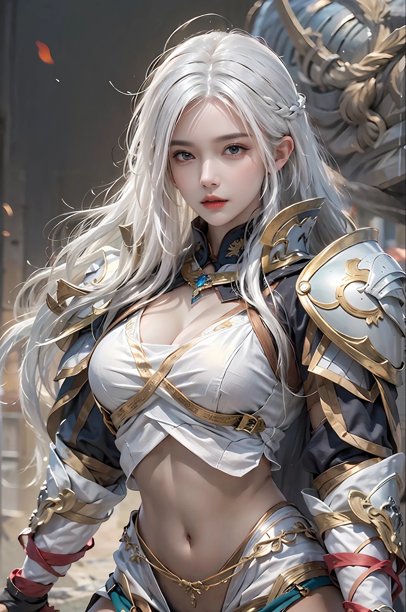 photorealistic, high resolution, 1 women, solo, hips up, white hair, long hair, look at viewer, (detailed face), medium breast, thick thighs, chinese armor, general armor