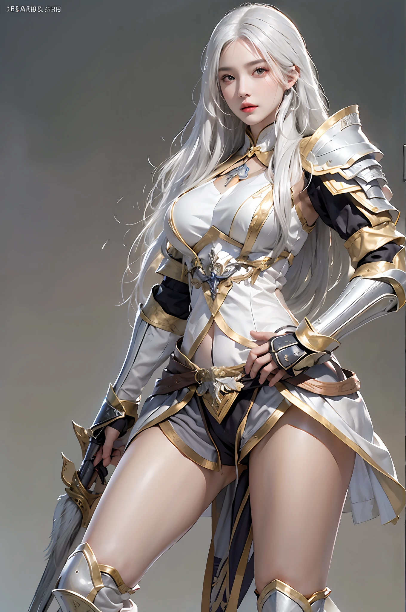 photorealistic, high resolution, 1 women, solo, hips up, white hair, long hair, look at viewer, (detailed face), medium breast, thick thighs, chinese armor, general armor