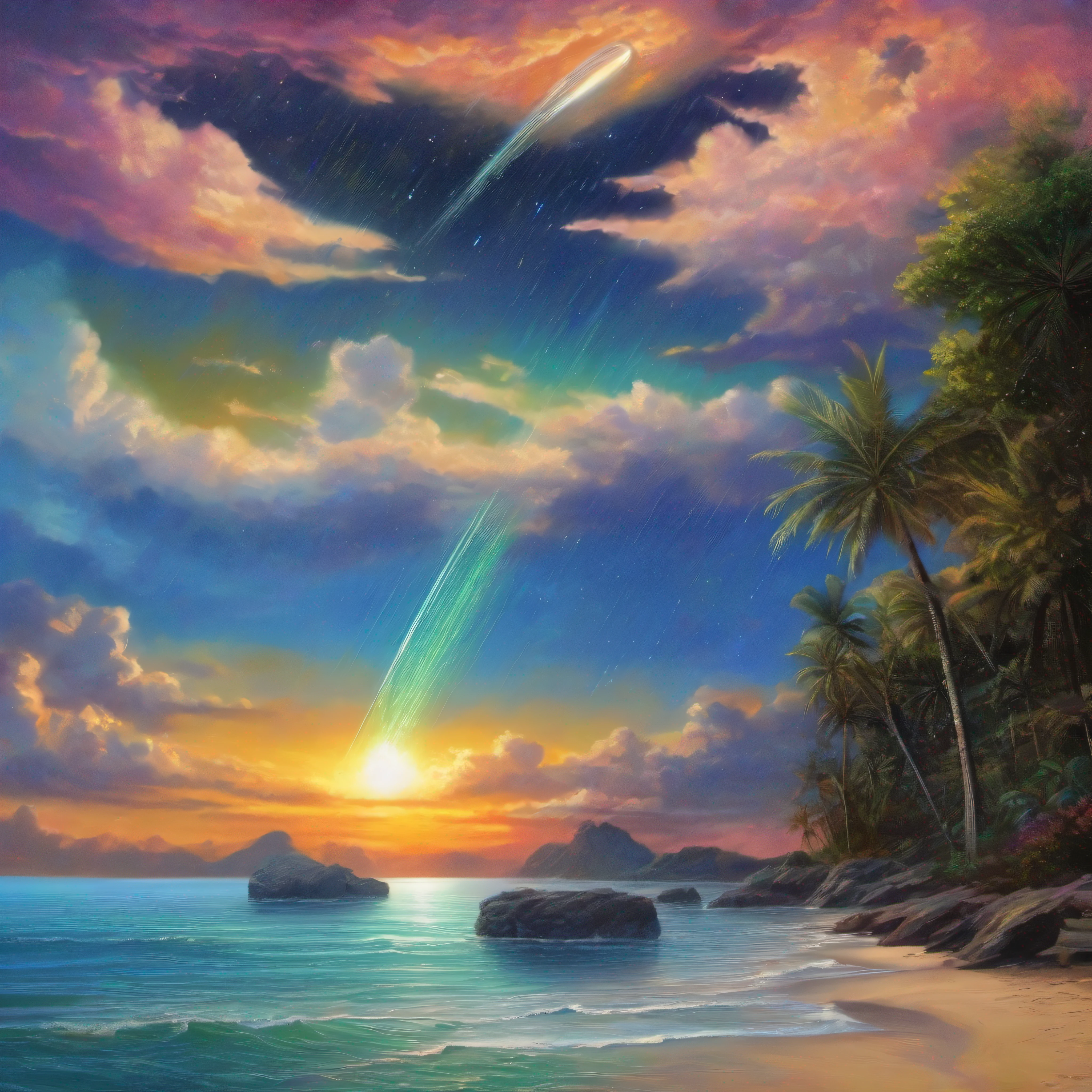 (zoom:1.1), (meteor shower:1.2), (comet:1.1), low angle, arora borealis, shooting star, top quality, masterpiece, clouds, colorful, southeast Asian beach, summer, seascape, small islands