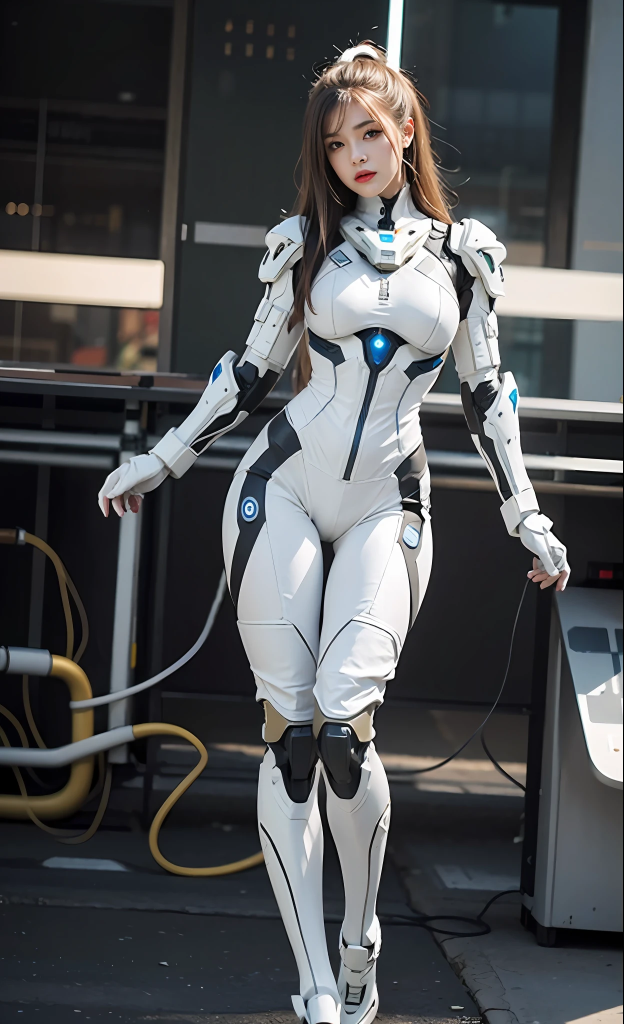 Close-up of a woman in a white suit holding a gun, cyborg body, cybersuit, Beautiful white girl cyborg, cyber suit, diverse cybersuits, cyber suit, gynoid body, female cyborg, female cyborg, thick smooth warframe thighs, girl in mecha cyber armor, in white futuristic armor, Wear cyber armor