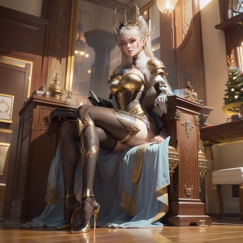 Must wear mechanical armor，There must be a large number of ornaments，luxury goods，There must be only one character in the entire image，The entire leg must be displayed in its entirety, And must wear extra-long gloves，Stockings are mandatory，High heels must be worn，Must be a full-body image，anatomy correct，（realisticlying，tmasterpiece，The best quality，hyper HD，The is very detailed，cinmatic lighting）