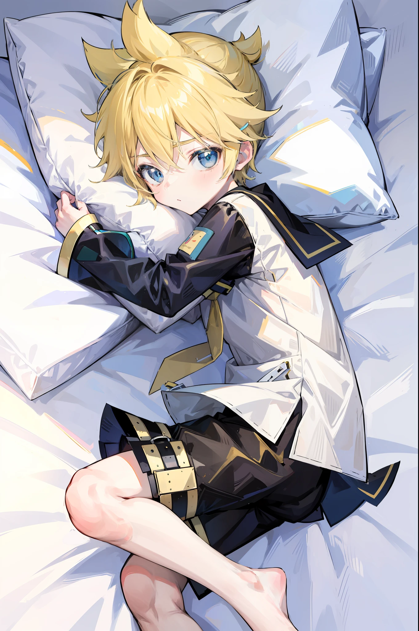 best quality, ultra precision, (one boy), (Len_Kagamine), cute, cool, blond hair, blue eyes, shota, handsome, cowlick, sailor uniform, black short pants, slender,  your cute boyfriend, innocent, boy model, boy is cute like a girl, on bed, lying on bed, lovely, boy adore you, boy love you, spoiled , character focus, hugging pillow, full body