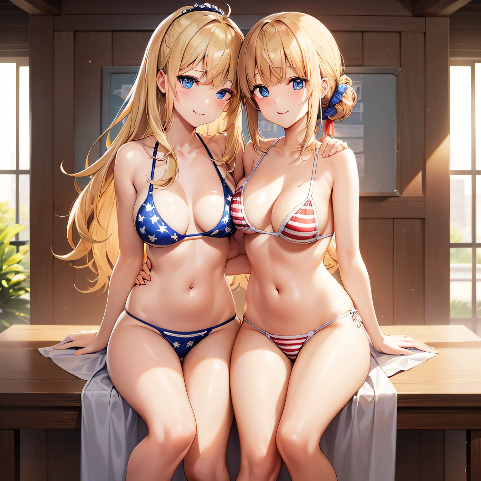 top-quality、extremely delicate and beautiful、(One lady)、Blonde blue-eyed、Female Teacher、(Stars and Stripes Bikini)、(Stars and Stripes Bikini Lower Body)、Eyes Emerald Green、Female Teacher、((Stars and Stripes Bikini Lower Body)、Inside the classroom、is standing。A smile、(Held together on the side pony with a black scrunchie)、(Only a bunch of bangs curls)