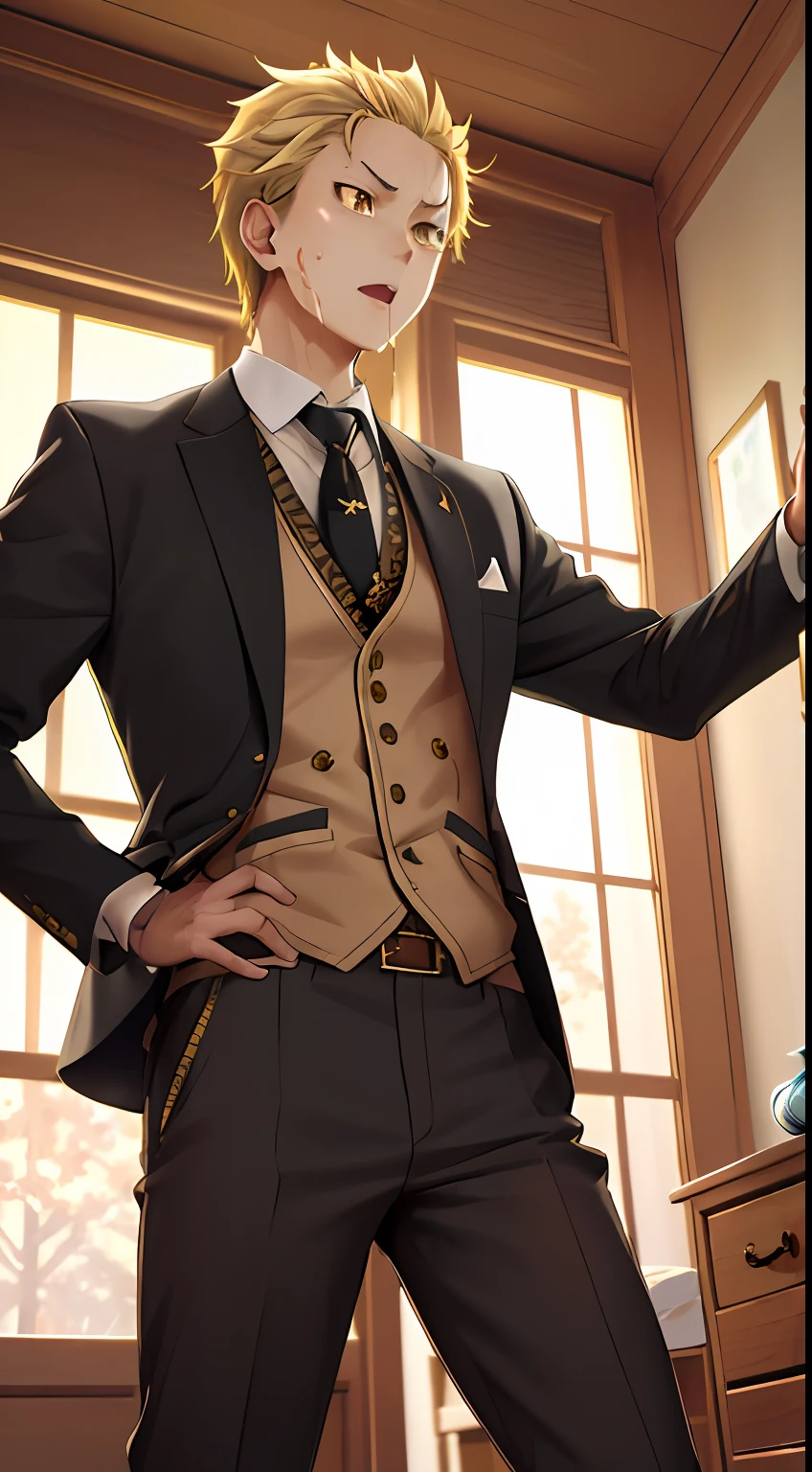 A high resolution， Sharp focus， Pixiv masterpiece， （（Complicated details））， highly  detailed， natsuki_subaru， 1 man， with her mouth open，full bodyesbian， Golden eyes（eyes glowing）， blond hairbl， The shirt，Drenched，Gold tie，trousers，thongs，perspire，look from down