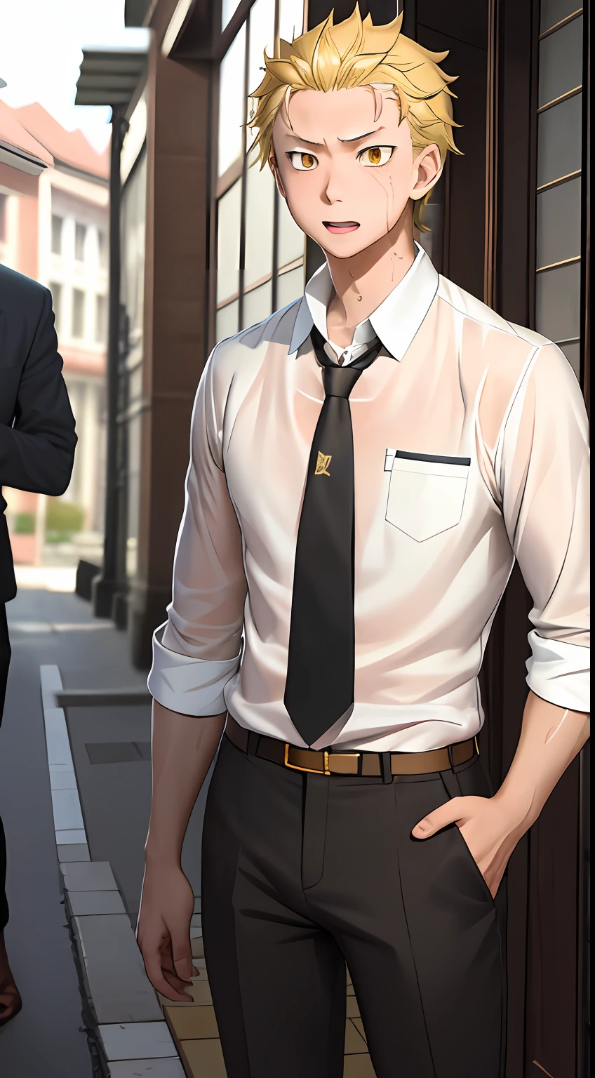 A high resolution， Sharp focus， Pixiv masterpiece， （（Complicated details））， highly  detailed， natsuki_subaru， 1 man， with her mouth open，full bodyesbian， Golden eyes（eyes glowing）， blond hairbl， The shirt，Drenched，Gold tie，trousers，thongs，perspire，look from down