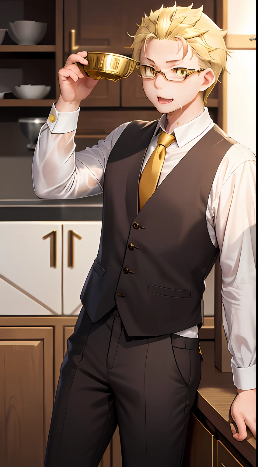 A high resolution, Sharp focus, Pixiv masterpiece, ((Complicated details)), highly detailed, natsuki_subaru, 1 man, with her mouth open,full bodyesbian, Golden eyes(eyes glowing), blond hairbl, The shirt,Drenched,Gold tie,trousers,thongs,perspire,look from down