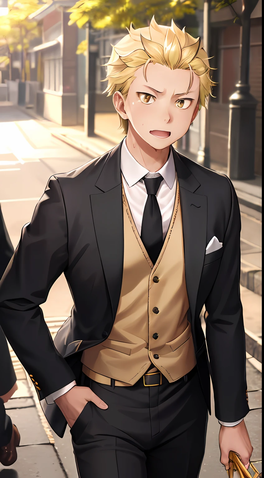 A high resolution， Sharp focus， Pixiv masterpiece， （（Complicated details））， highly  detailed， natsuki_subaru， 1 man， with her mouth open，full bodyesbian， Golden eyes（eyes glowing）， blond hairbl， The shirt，Drenched，Gold tie，trousers，thongs，perspire，look from down