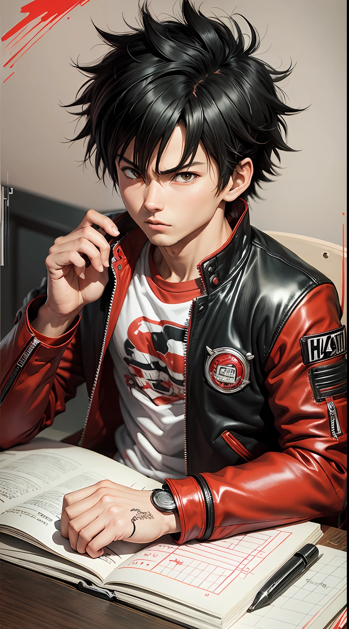 Akira male character Kaneda consists of - Art - O - Katsuhiro Ôtomo, Red leather jacket, red racing suit, MOTO GP suit, hand drawn, pencil ink on sketch book, color pencils and markers on table,anime manga Art Style, Wild Spike Black Saiyan Hair, Akira Toriyama style, AKIRA concept art, inspired by Seki Toriyama, AKIRA style, HD artwork, character AKIRA