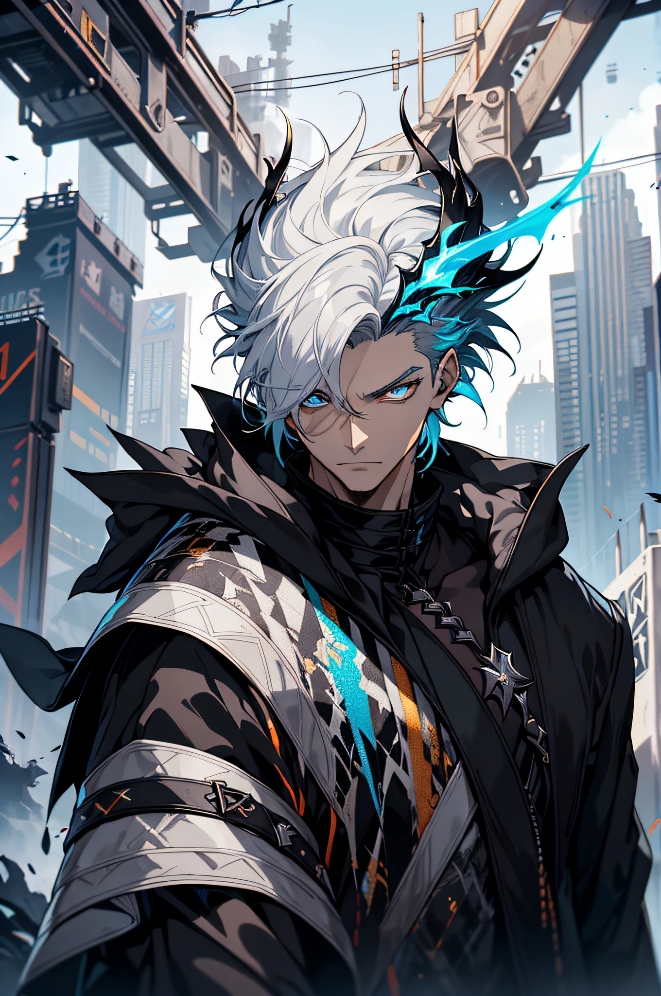 Cyberpunk male, fantasy world, dark background, clean design, epic instagram, artstation, colorful paint splatter, silhouette, hyper detailed intricate details, unreal engine, fantasy, intricate details, splash screen, complementary colors, Fantasy concept art, 8k resolution, deviantart masterpiece, oil painting, heavy strokes, paint dripping, (isolated on white background: 1.3), rainbow skin, (((handsome young man))), ((age:1.5) ), (glowing blue eyes), ((light eyes)), ((((short white hair: 1.1))), ((black clothes)), (prince\\(indifferent expression\\),, ( ((Wears high detail luxurious black robe))), white hair, frost magic, ((chest) --v 6