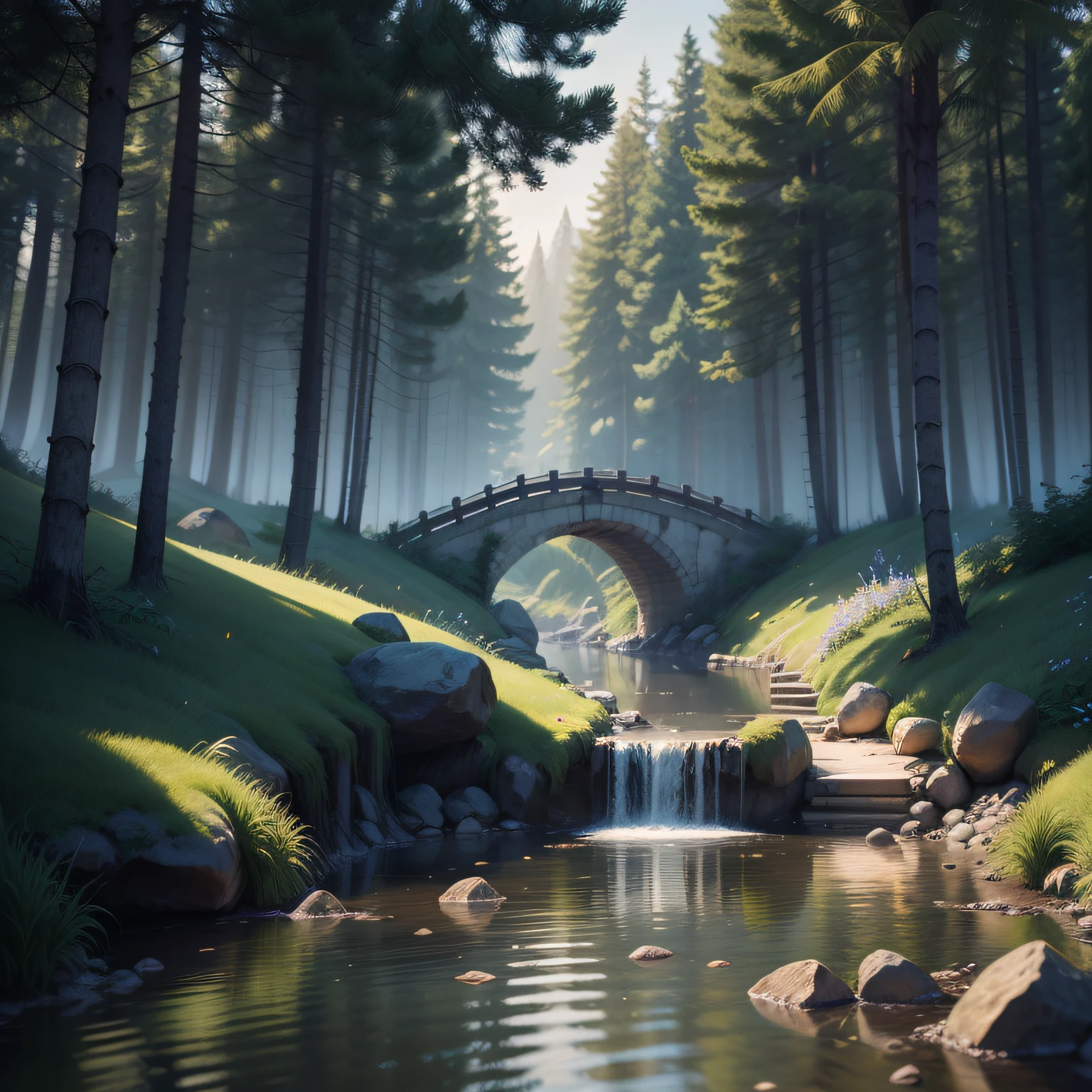 Ancient Chinese architecture, spring, dark night, garden, bamboo, lake, stone bridge, peach blossom, trees, flowing water, landscape, outdoor, grass, rock, (Illustration: 1.0 ), epic composition, realistic lighting, HD details, masterpiece, best quality, (very detailed CG unity 8k wallpapers), clay texture, clean background, natural light, best quality, ultra detail, 3d art, c4d, blender, oc renderer, 3d render, 8k