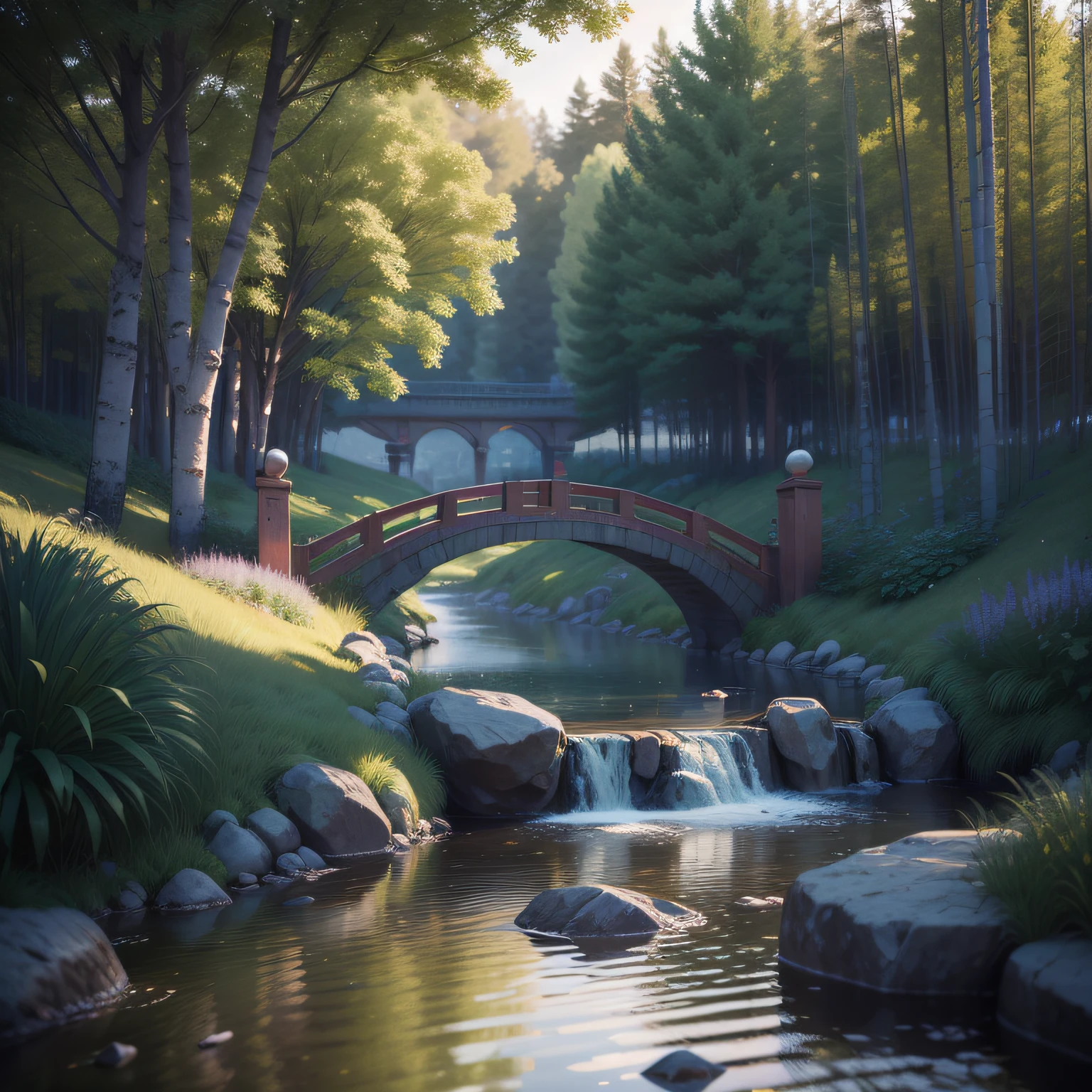 Ancient Chinese architecture, spring, dark night, garden, bamboo, lake, stone bridge, peach blossom, trees, flowing water, landscape, outdoor, grass, rock, (Illustration: 1.0 ), epic composition, realistic lighting, HD details, masterpiece, best quality, (very detailed CG unity 8k wallpapers), clay texture, clean background, natural light, best quality, ultra detail, 3d art, c4d, blender, oc renderer, 3d render, 8k