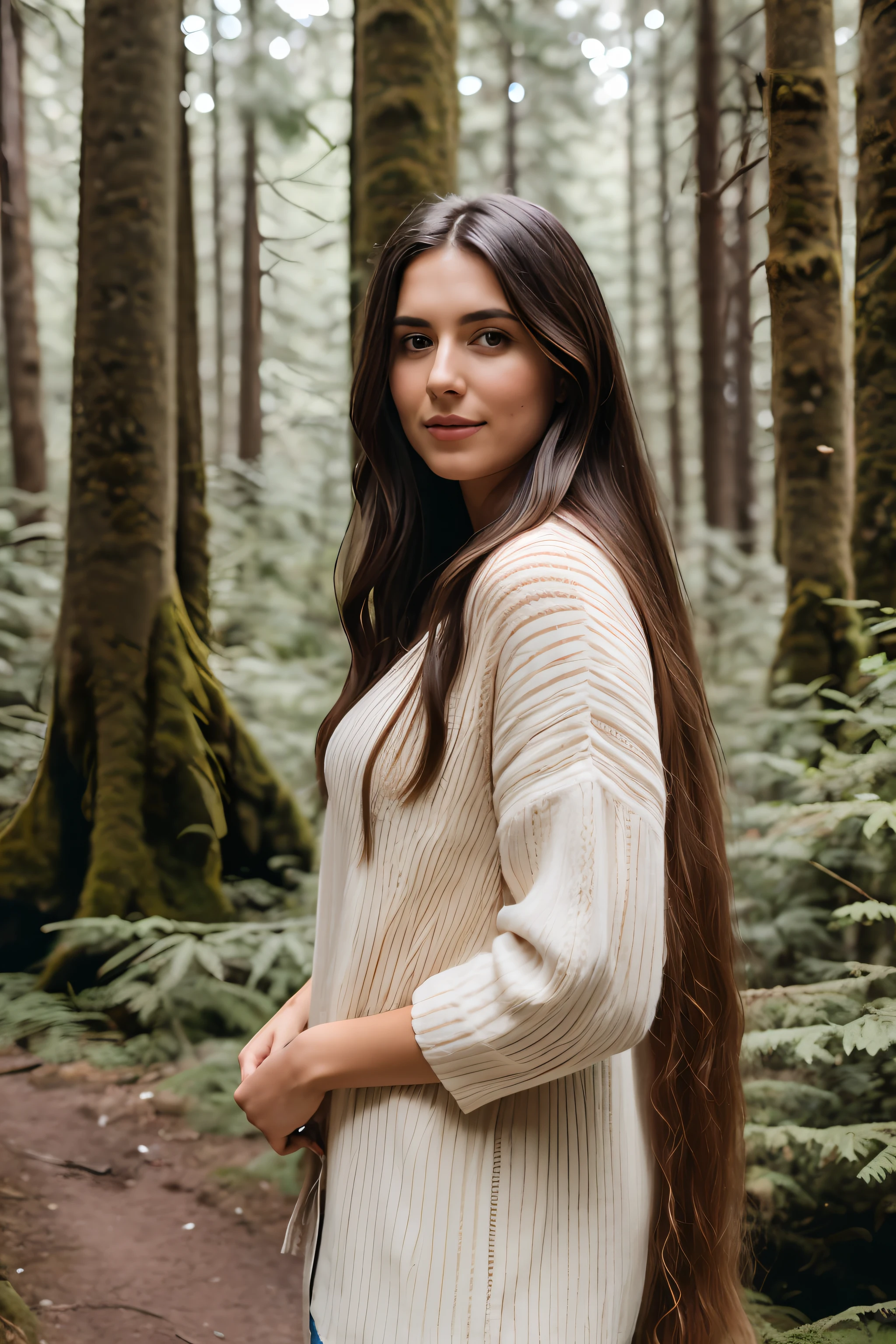 RAW photo, a portrait photo of 26 y.o woman, long haire , traveler clothes, standing in the forest, natural skin, 8k uhd, high quality, cute ,sexy ,film grain, Fujifilm XT3