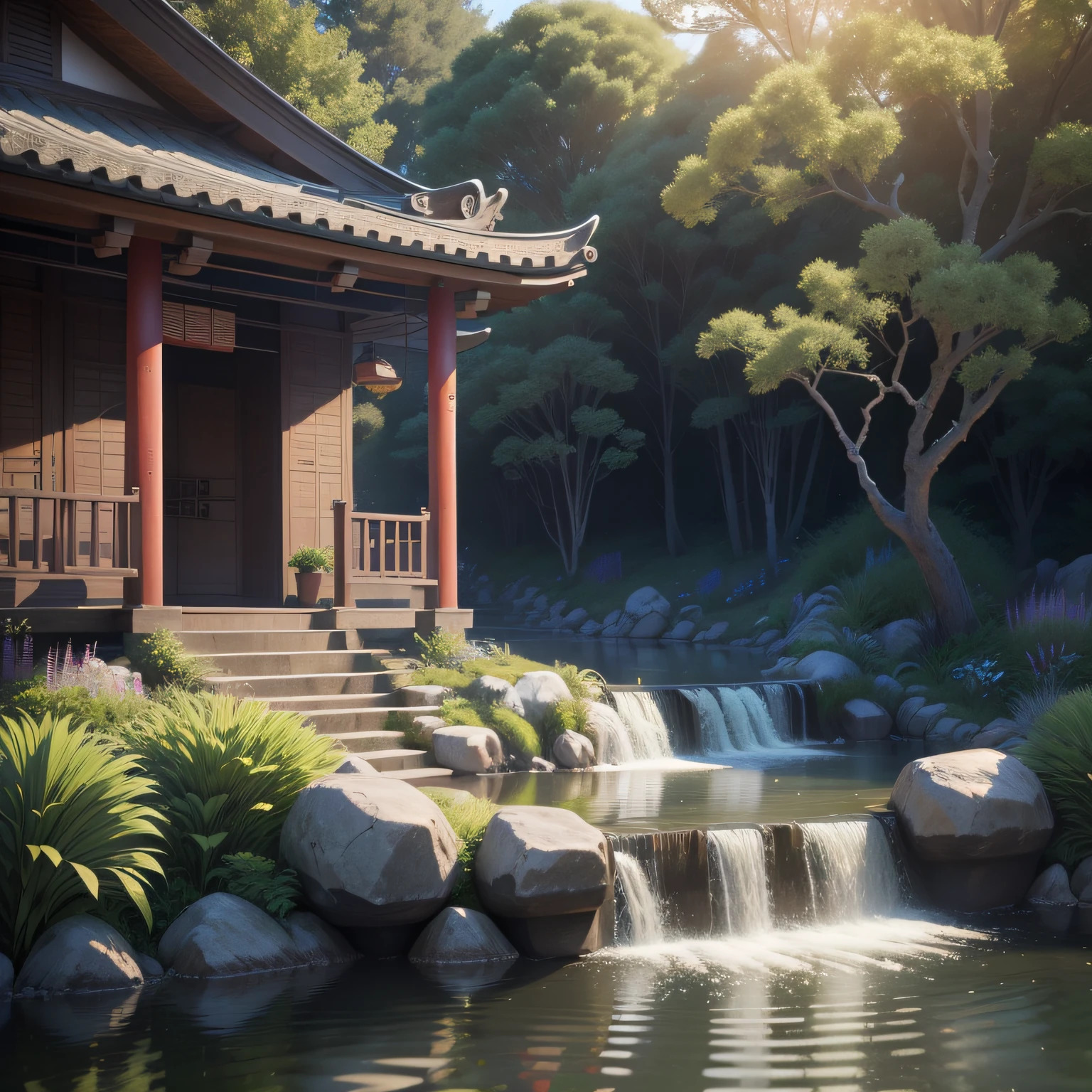 Ancient Chinese architecture, spring, dark night, garden, bamboo, lake, stone bridge, peach blossom, trees, flowing water, landscape, outdoor, grass, rock, (Illustration: 1.0 ), epic composition, realistic lighting, HD details, masterpiece, best quality, (very detailed CG unity 8k wallpapers), clay texture, clean background, natural light, best quality, ultra detail, 3d art, c4d, blender, oc renderer, 3d render, 8k