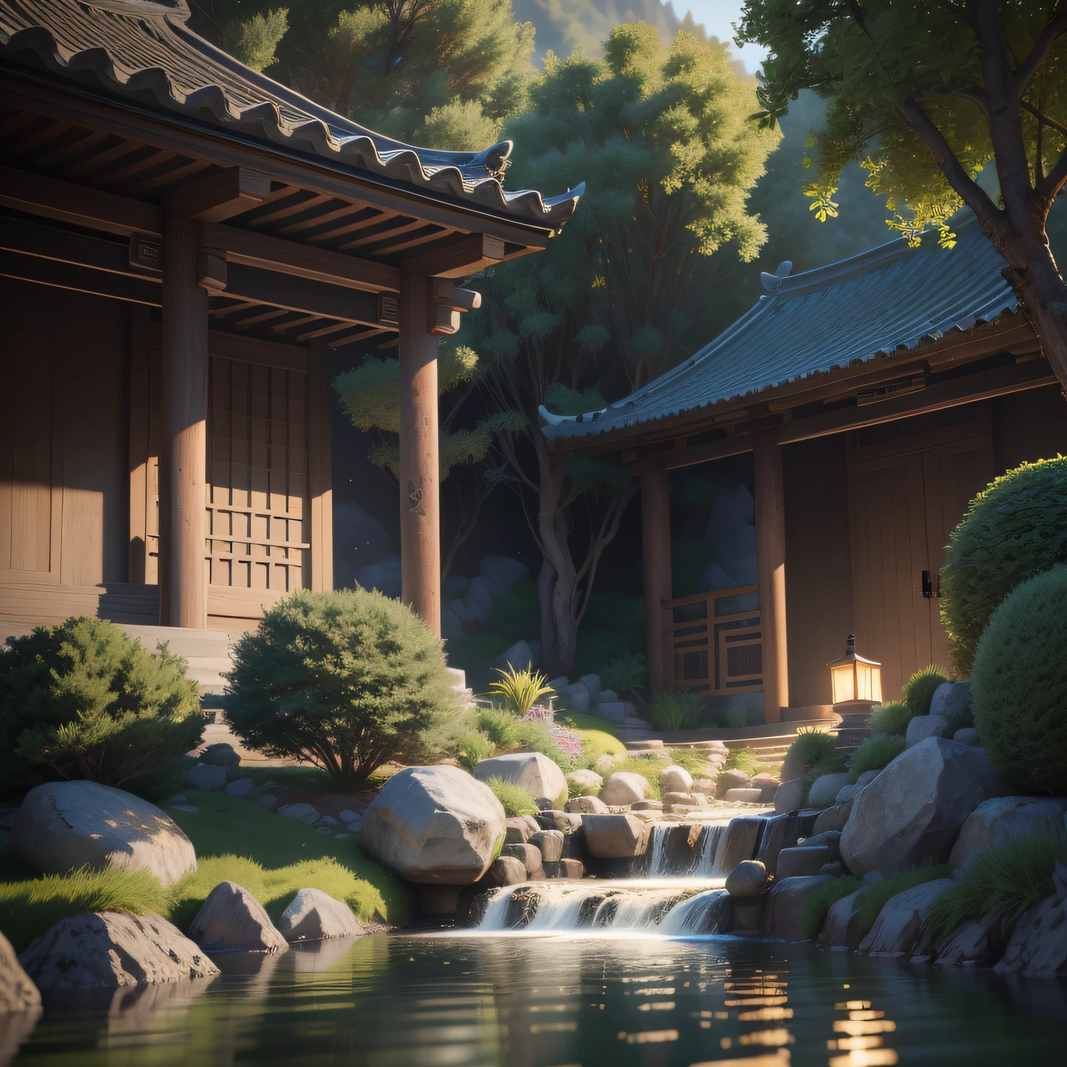 Ancient Chinese architecture, spring, dark night, garden, bamboo, lake, stone bridge, peach blossom, trees, flowing water, landscape, outdoor, grass, rock, (Illustration: 1.0 ), epic composition, realistic lighting, HD details, masterpiece, best quality, (very detailed CG unity 8k wallpapers), clay texture, clean background, natural light, best quality, ultra detail, 3d art, c4d, blender, oc renderer, 3d render, 8k