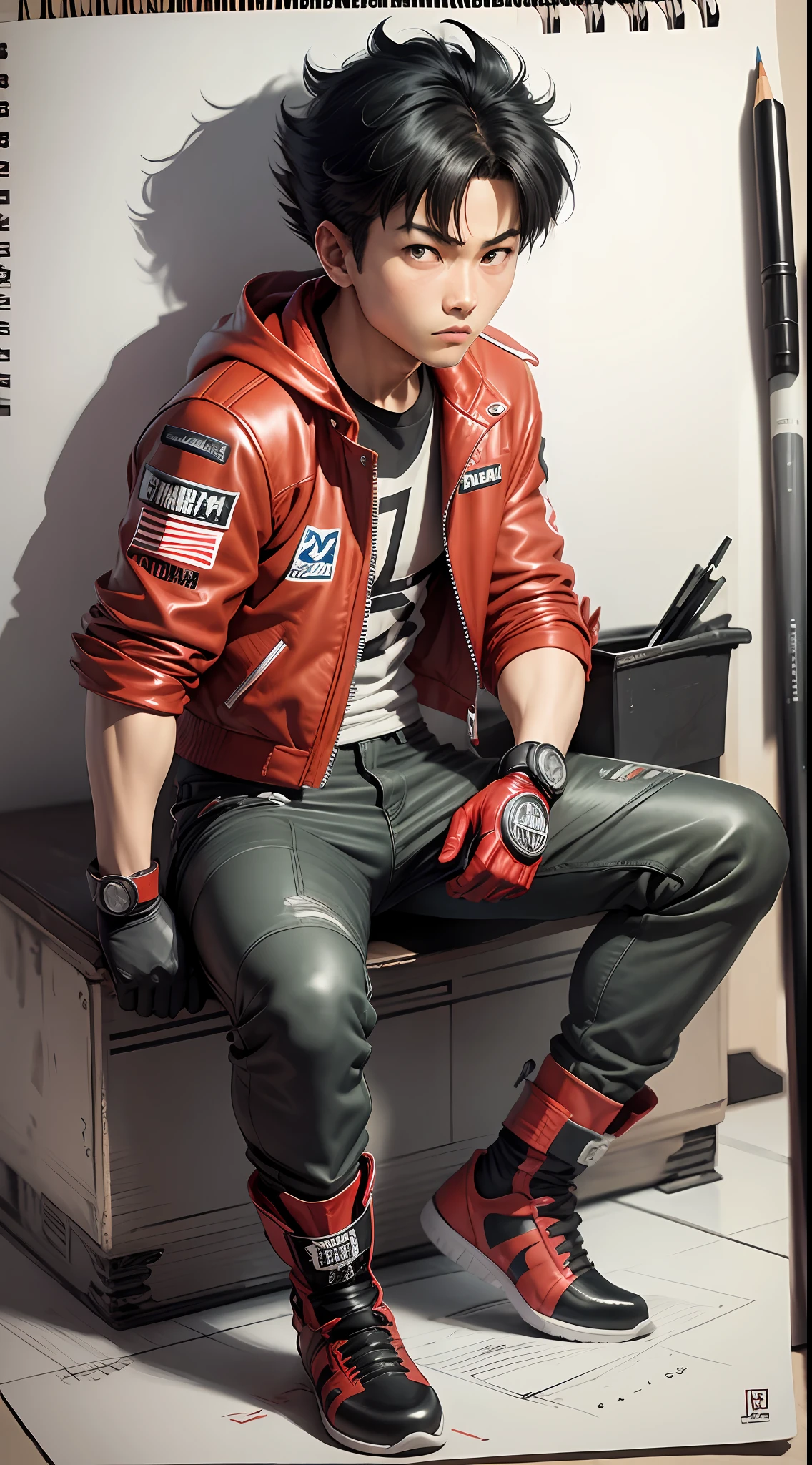 Akira character Kaneda consists of - Art - O - Katsuhiro Ôtomo, Red leather jacket, red racing suit, MOTO GP suit, hand drawn, pencil ink on sketch book, color pencils and markers on table,anime manga Art Style, Wild Spike Black Saiyan Hair, Akira Toriyama style, AKIRA concept art, AKIRA style, HD artwork, character AKIRA KANEDA