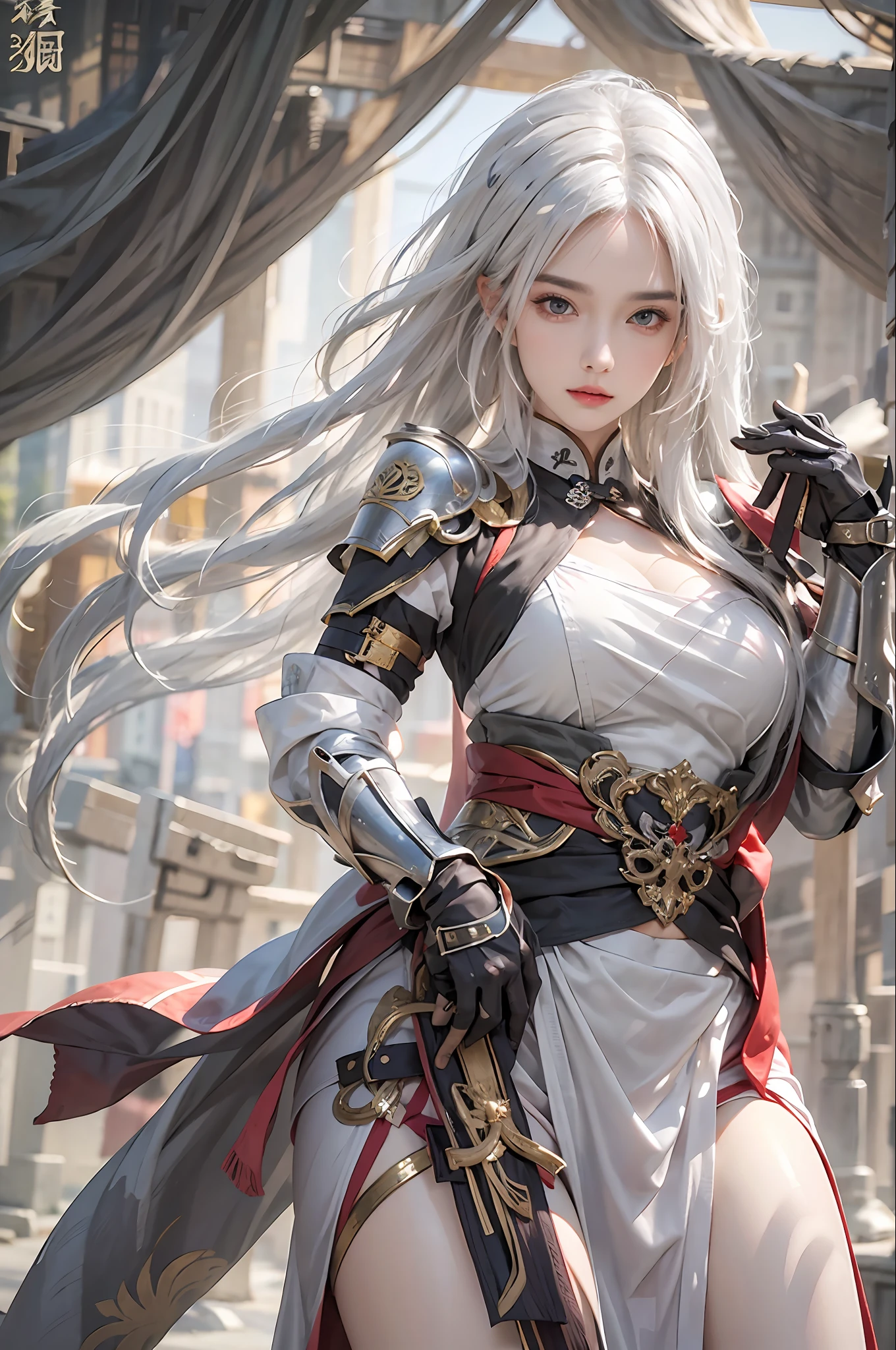 photorealistic, high resolution, 1 women, solo, hips up, white hair, long hair, look at viewer, (detailed face), medium breast, thick thighs, chinese armor