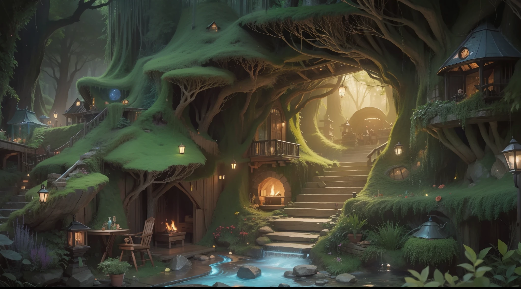 A section view of the house，forest theme，underground cave，Different rooms，Brian Kessinger，cartoonish style，（dream magical，Conceptual digital art，（The is very detailed，reasonable design，Clear lines，High clarity，The best quality，tmasterpiece，4K）
