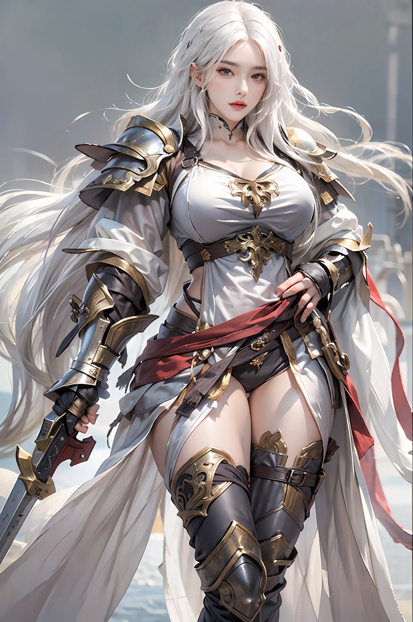 photorealistic, high resolution, 1 women, solo, hips up, white hair, long hair, look at viewer, (detailed face), medium breast, thick thighs, chinese armor