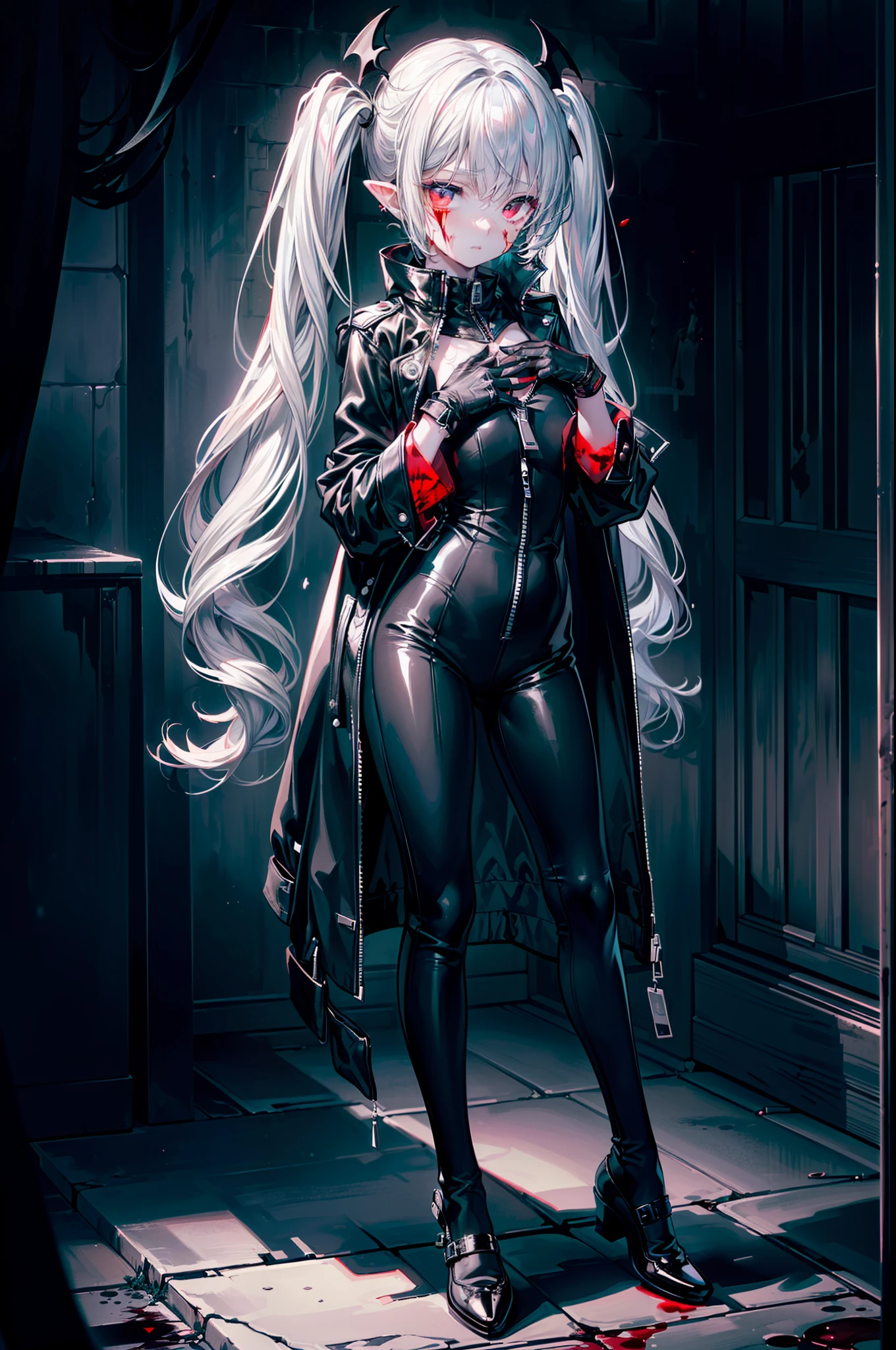 {{masterpiece, best quality, extremely detailed CG, unity 8k wallpaper,anatomically correct,ultra resolution}},Award-winning photography,(best illumination,Very Delicate and Beautiful),{one girl,solo,:1.5},Vampire,silver hair,(twintails:1.2),glowing red eyes,pale skin,(extremely beautiful and detailed face:1.2), (extremely beautiful and detailed eyes:1.2),perfect hands,delicate legs,((bat hair ornament)),(epic,fashion),pointy ears,((black leather long coat:1.5,black leather catsuit with zipper,black leather shoes,black leather gloves,popped collar:1.3)),looking at viewer,(hand on own chest:1.4),evil smile,dark persona,evil,(cute:1.5),((night, dark atmosphere, dark theme, darkness:1.5)),dramatic shadows,(dimly lit:1.5),blood on face,blood on floor, blood on walls,(blood mist,blood splash:1.4),depth of field,(Bustling city:1.2,on rooftop:1.2),{perfect human body structure with maximum precision}