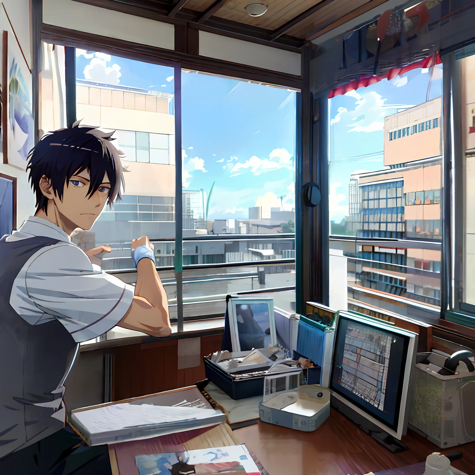 Anime boy sitting on windowsill looking out the window, a character portrait inspired by Tomioka Tessai, pixiv contest winner, shin hanga, Handsome anime pose, Anime portrait of a handsome man, young anime man, Anime handsome man, drawn in anime painter studio, Makoto Shinkai. A digital rendering, shigenori soejima illustration,Headshots with both hands,Painful expression
