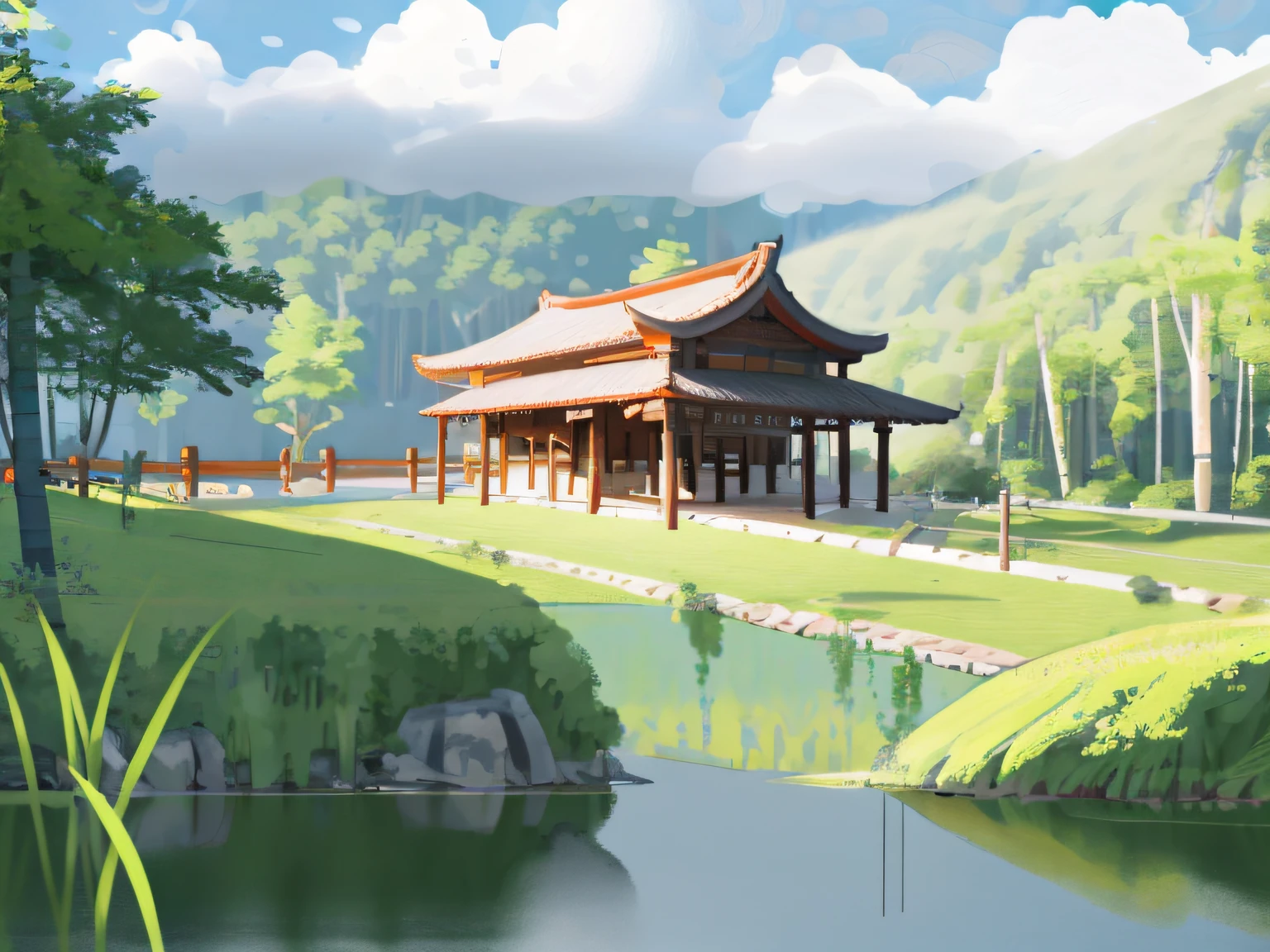 Ancient Chinese architecture, spring, dark night, garden, bamboo, lake, stone bridge, peach blossom, trees, flowing water, landscape, outdoor, grass, rock, (Illustration: 1.0 ), epic composition, realistic lighting, HD details, masterpiece, best quality, (very detailed CG unity 8k wallpapers), clay texture, clean background, natural light, best quality, ultra detail, 3d art, c4d, blender, oc renderer, 3d render, 8k