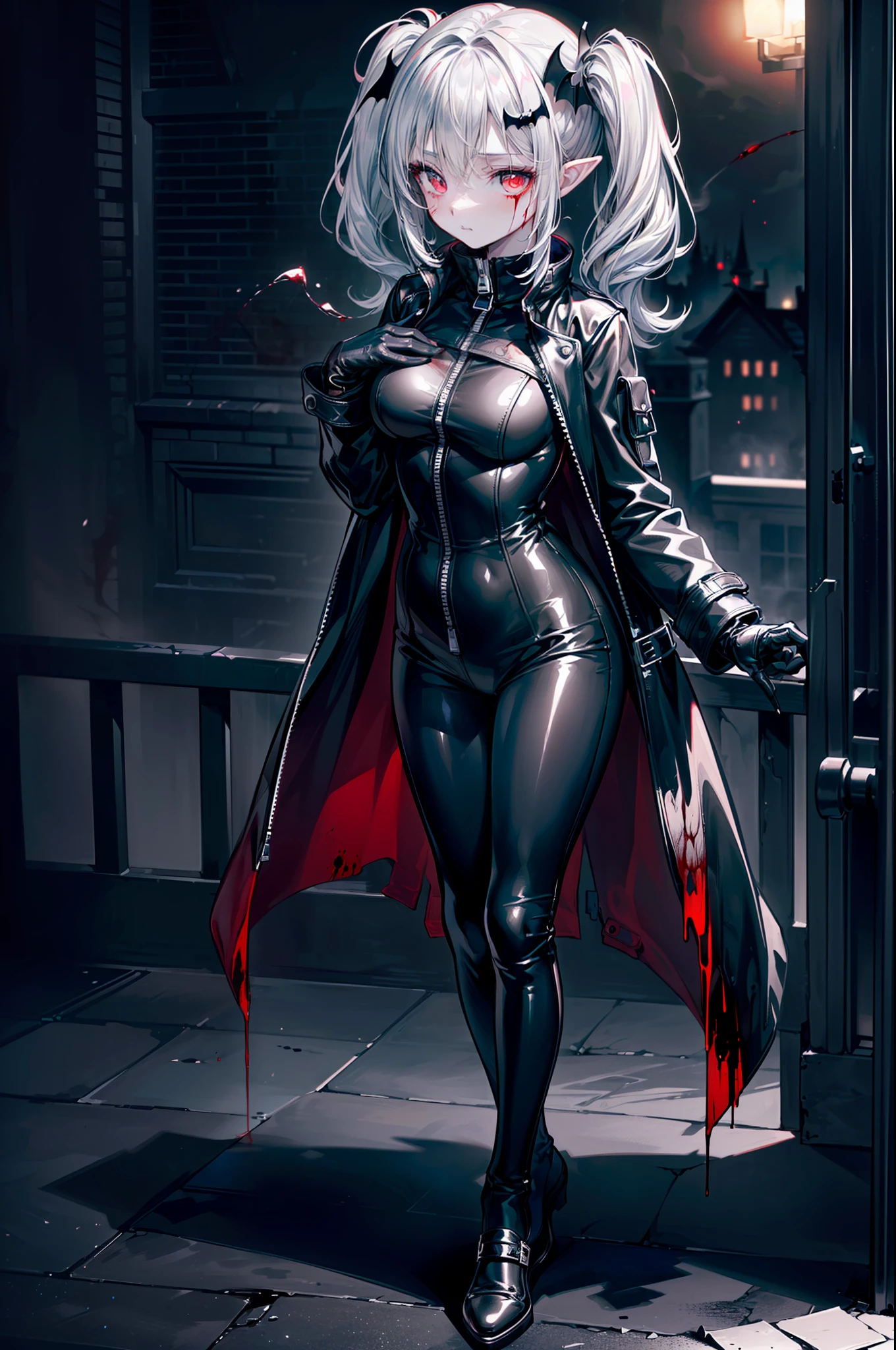{{masterpiece, best quality, extremely detailed CG, unity 8k wallpaper,anatomically correct,ultra resolution}},Award-winning photography,(best illumination,Very Delicate and Beautiful),{one girl,solo,loli:1.5},Vampire,silver hair,(twintails:1.2),glowing red eyes,pale skin,(extremely beautiful and detailed face:1.2), (extremely beautiful and detailed eyes:1.2),perfect hands,delicate legs,((bat hair ornament)),(epic,fashion),pointy ears,((black leather long coat:1.5,black leather catsuit with zipper,black leather shoes,black leather gloves,popped collar:1.3)),looking at viewer,(hand on own chest:1.4),evil smile,dark persona,evil,(cute:1.5),((night, dark atmosphere, dark theme, darkness:1.5)),dramatic shadows,(dimly lit:1.5),blood on face,blood on floor, blood on walls,(blood mist,blood splash:1.4),depth of field,(Bustling city:1.2,on rooftop:1.2),{perfect human body structure with maximum precision}
