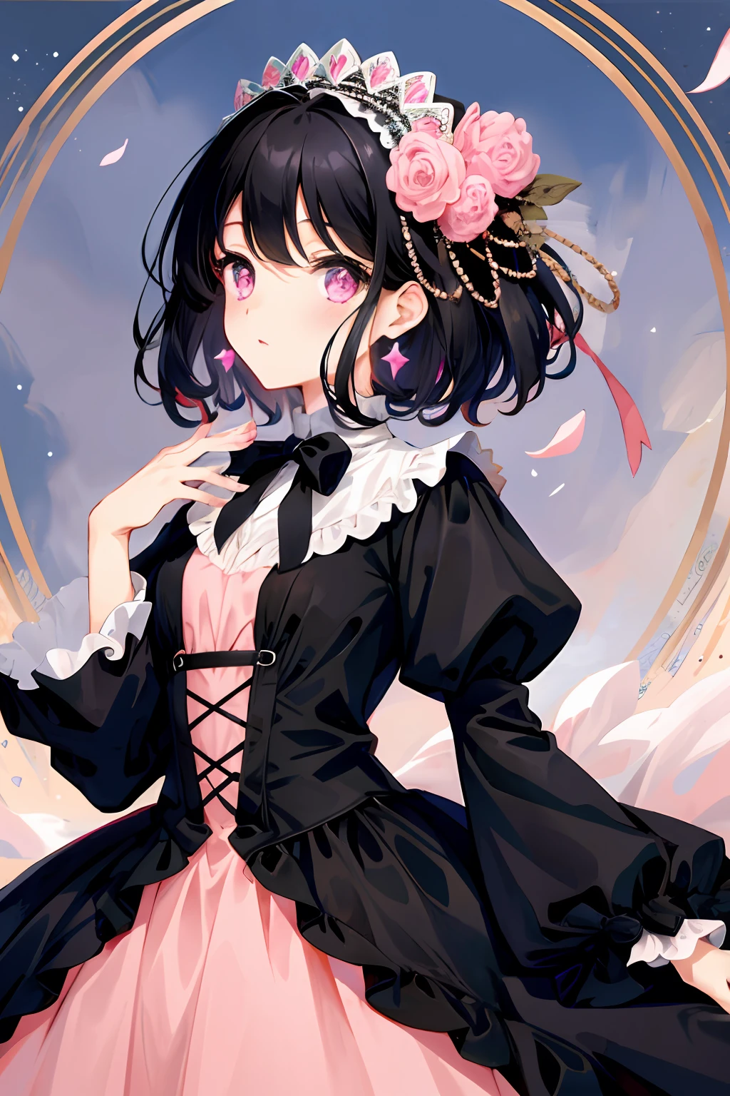 girl black hair short beautiful pink eyes scattered pages in the air comic stories clothes victorian dress full of jewelry princess