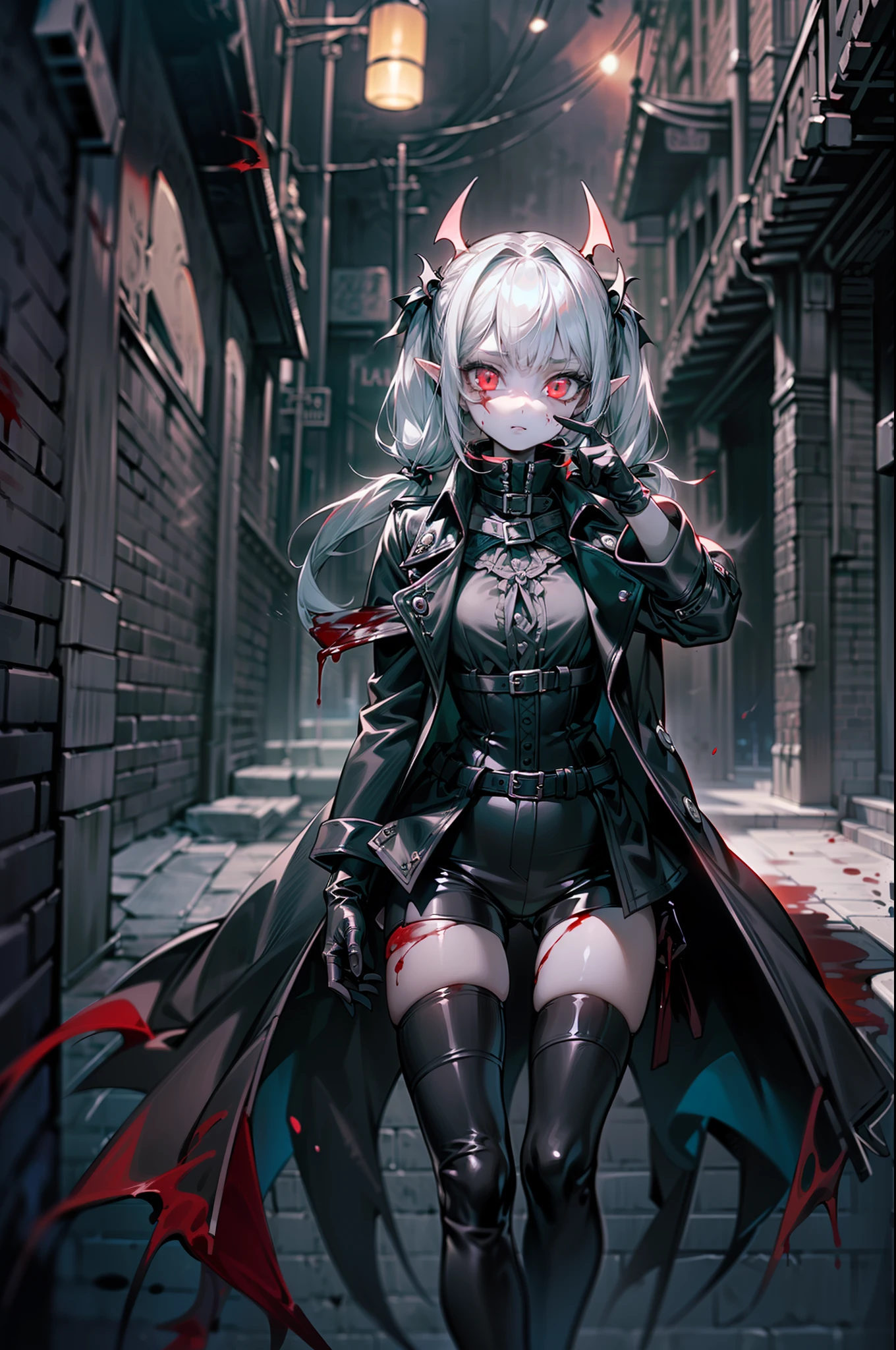 {{masterpiece, best quality, extremely detailed CG, unity 8k wallpaper,anatomically correct,ultra resolution}},Award-winning photography,(best illumination,Very Delicate and Beautiful),{one girl,solo,loli:1.5},Vampire,silver hair,(twintails:1.2),glowing red eyes,pale skin,(extremely beautiful and detailed face:1.2), (extremely beautiful and detailed eyes:1.2),perfect hands,delicate legs,((bat hair ornament)),(epic,fashion),pointy ears,((black leather long coat:1.5,gothic blouse,black leather pants,black leather shoes,black leather gloves,popped collar:1.3)),looking at viewer,,hand on hip,(point at viewer:1.4),dark persona,evil,(cute:1.5),((night, dark atmosphere, dark theme, darkness:1.5)),dramatic shadows,(dimly lit:1.5),blood on face,blood on floor, blood on walls,(blood mist,blood splash:1.4),depth of field,(Bustling city:1.2,in the street:1.2),{perfect human body structure with maximum precision}