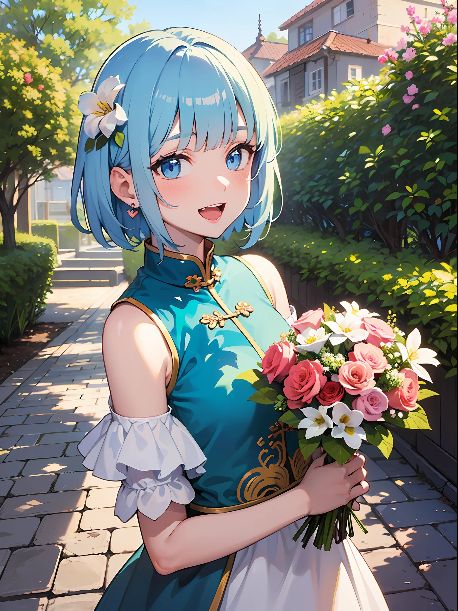 (masterpiece:1.3), (best quality:1.3), high resolution, 


couboy shot, 
leaning forward, (holding:1.1), body facing forward, 

(one cute girl:1.3), solo, 
white skin, small Breast, eight-headed person, 
light blue hair, (bobbed hair:1.2), (short hair:1.2), (blunt bangs:1.2), beautiful hair, blue eyes, beautiful detailed eyes, 

blush, open mouth, heart, cheerful smile, 

chinese clothes, (bouquet:1.1), earrings, 

outdoors, flower garden, natural park, 

shadowlighting,
