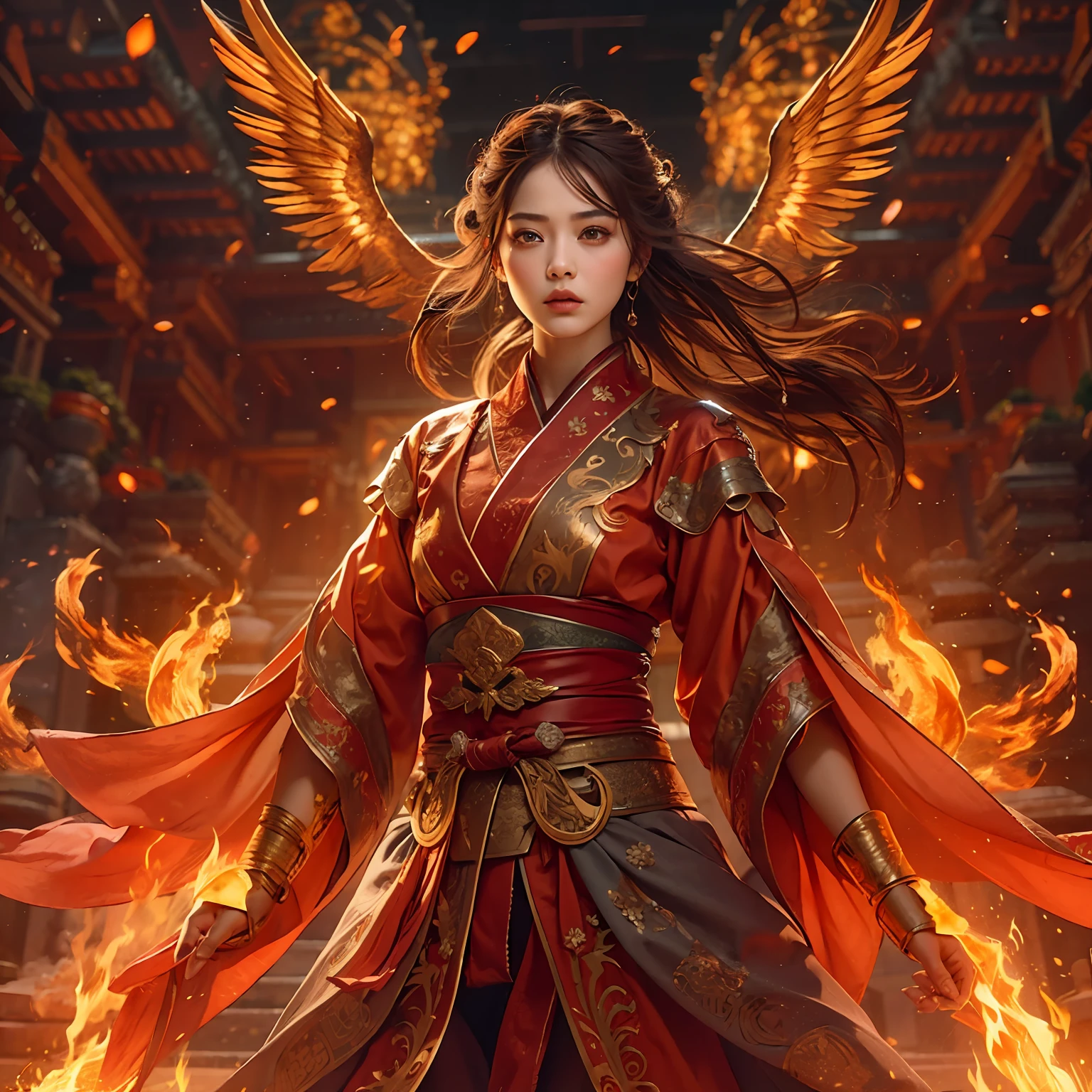 1girll,Flame mage dressed in fiery red(Chinese Hanfu),The robe was embroidered with intricate runes and ornaments,Exudes a burning breath。He was tall and strong,Hands up,Powerful fire spells are being unleashed。His eyes were firm and sharp,A flash of fire flashed in his eyes,Behind the Flame Mage,(A huge flame phoenix spread its wings and flew:1.2),(The feathers of the phoenix burned with roaring flames),It shines brightly,Its body is surrounded by flames,Flame feathers danced,Form a spectacular flaming six-pointed star array pattern,Full of mysterious magic,The whole scene is full of fiery aura and passion for fighting,Large areas of flame spells bloomed in the air,A brilliant arc of flame and flying sparks formed,(Flame Mage and Phoenix),It appears majestic and mysterious in the midst of raging fires,Like the embodiment of fire and magic,red hair,high detal,ultra-realistic realism,Verism,((Bust photo)),(real photograph:1.4),(lightand shade contrast),cinmatic lighting,Realistic special effects,c4d渲染,rendering by octane,Ray traching,in a panoramic view,angle of view,textureskin,super detailing,hyper HD,tmasterpiece,anatomy correct,best qualtiy,A high resolution,8K